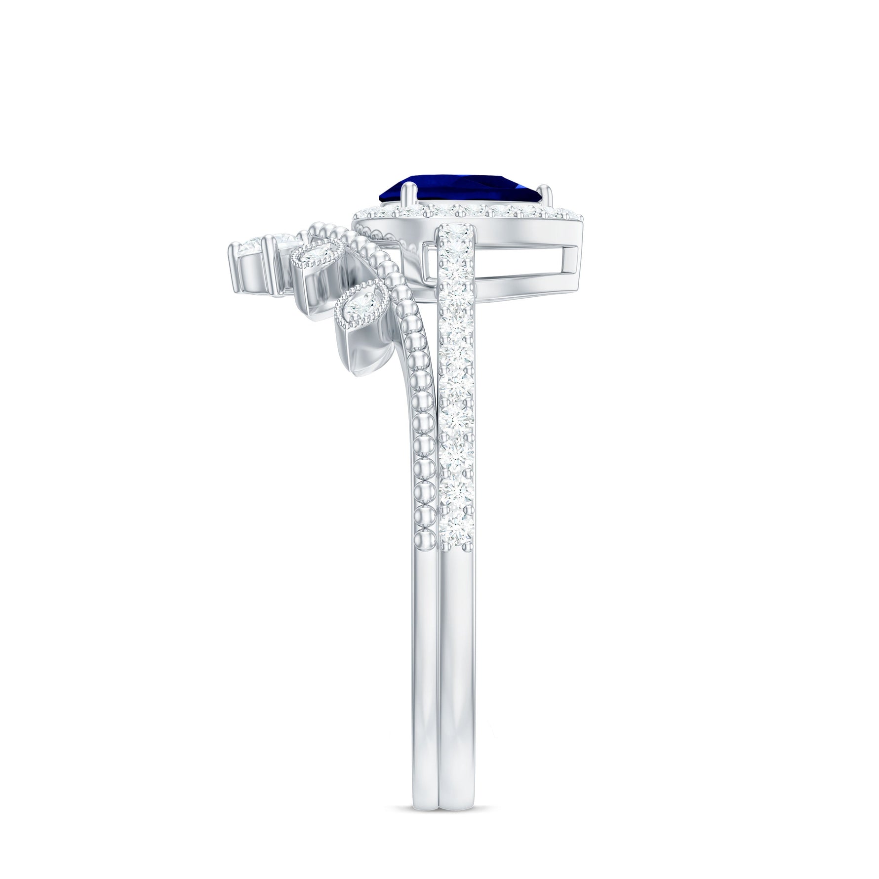 Created Blue Sapphire and Diamond Vintage Inspired Wedding Ring Set