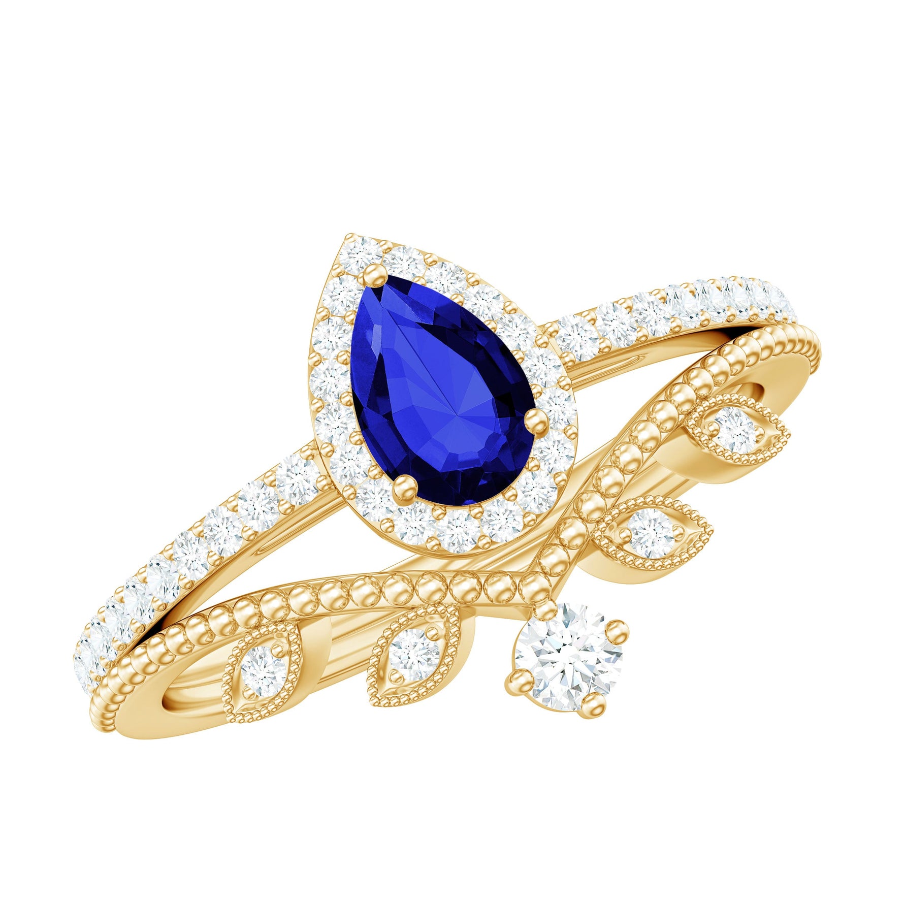 Created Blue Sapphire and Diamond Vintage Inspired Wedding Ring Set