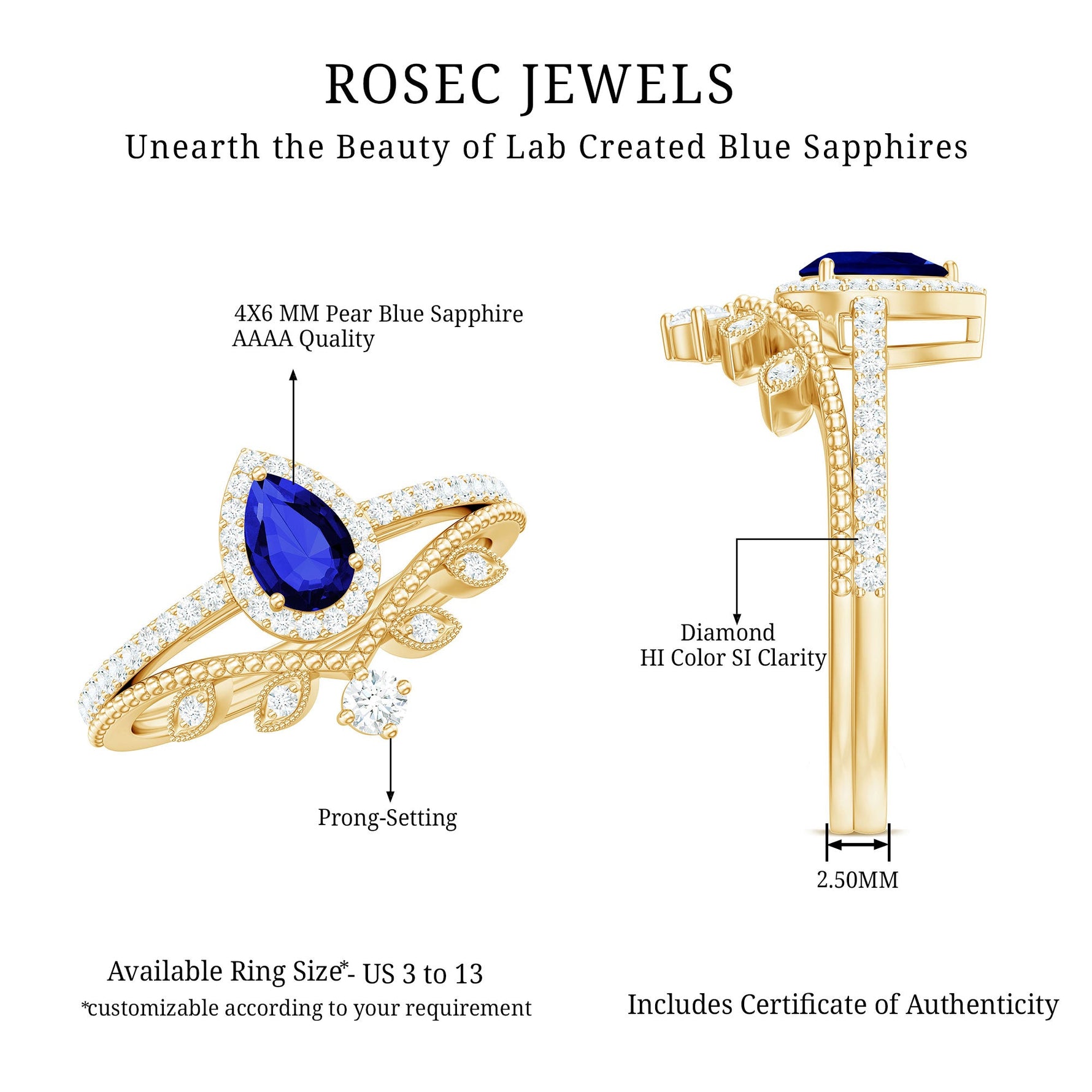 Created Blue Sapphire and Diamond Vintage Inspired Wedding Ring Set