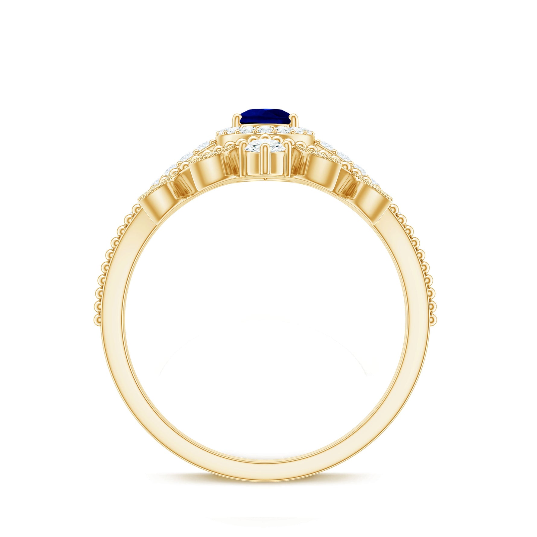 Created Blue Sapphire and Diamond Vintage Inspired Wedding Ring Set