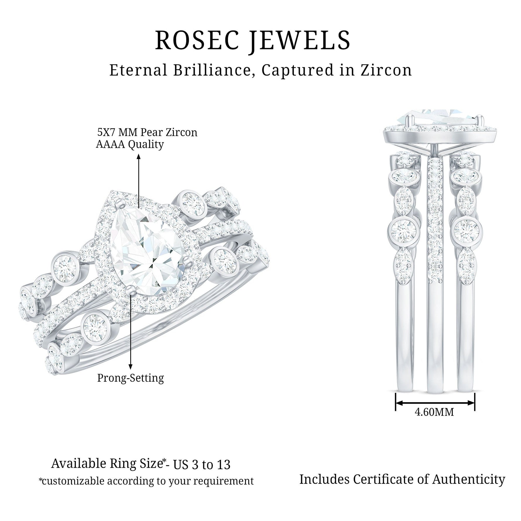 2.25 CT Teardrop Zircon Trio Wedding Ring Set in Gold