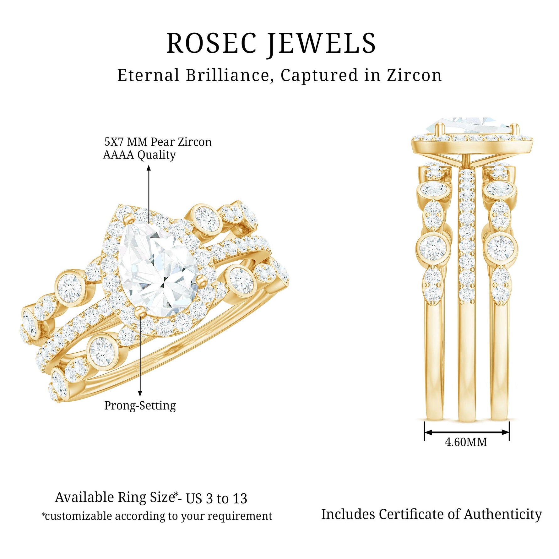 2.25 CT Teardrop Zircon Trio Wedding Ring Set in Gold