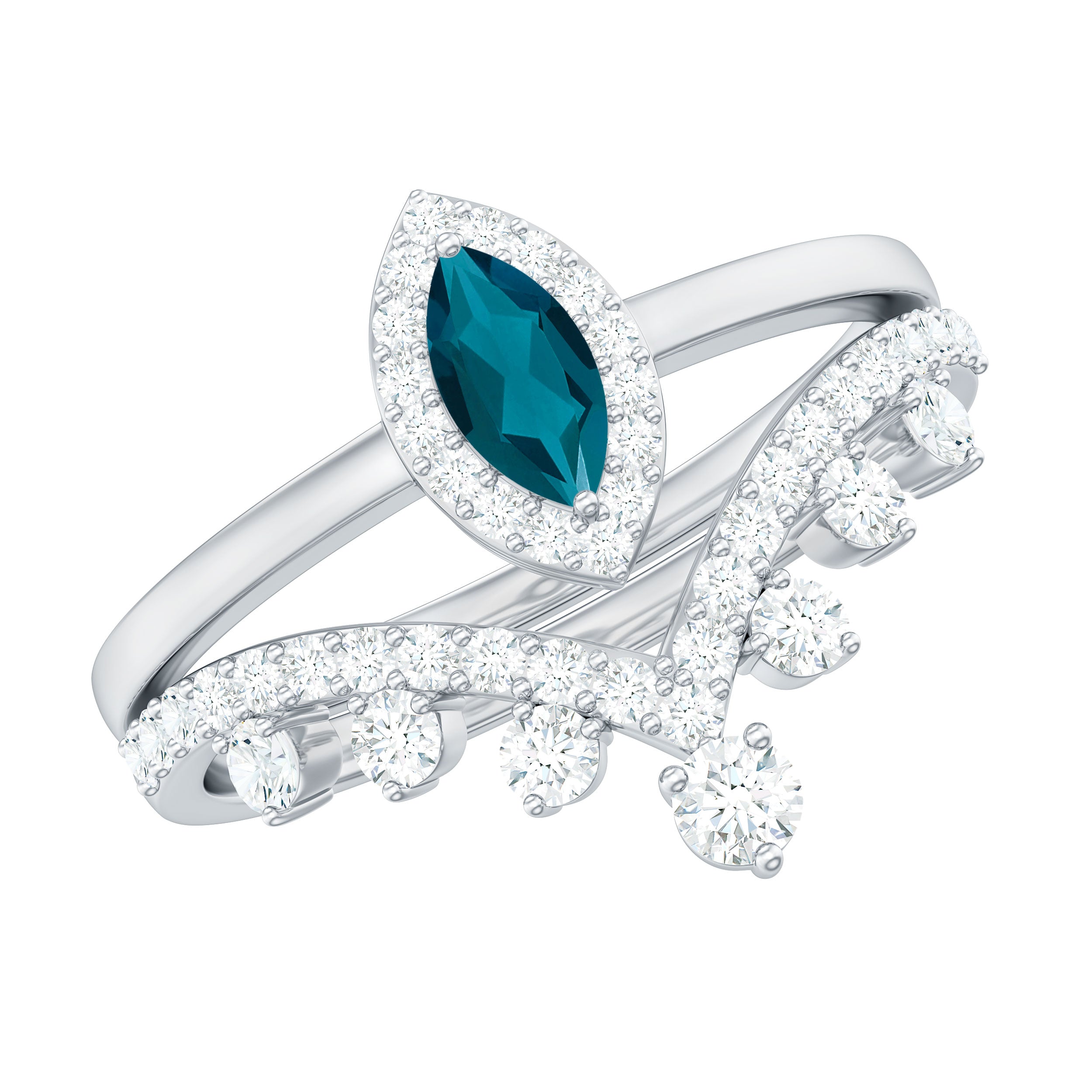 Marquise Cut London Blue Topaz Halo Wedding Ring Set with Diamond Band