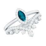 Marquise Cut London Blue Topaz Halo Wedding Ring Set with Diamond Band