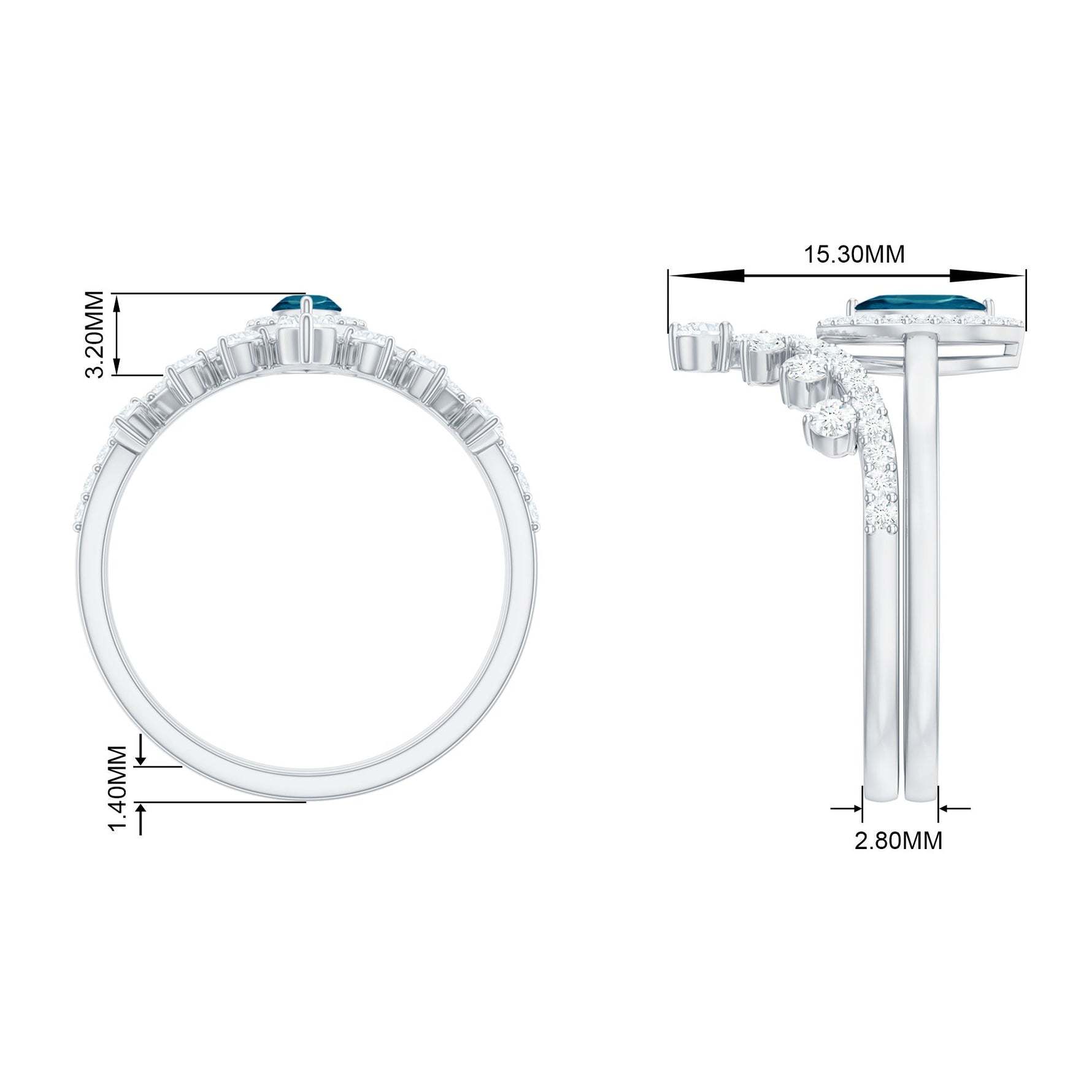 Marquise Cut London Blue Topaz Halo Wedding Ring Set with Diamond Band