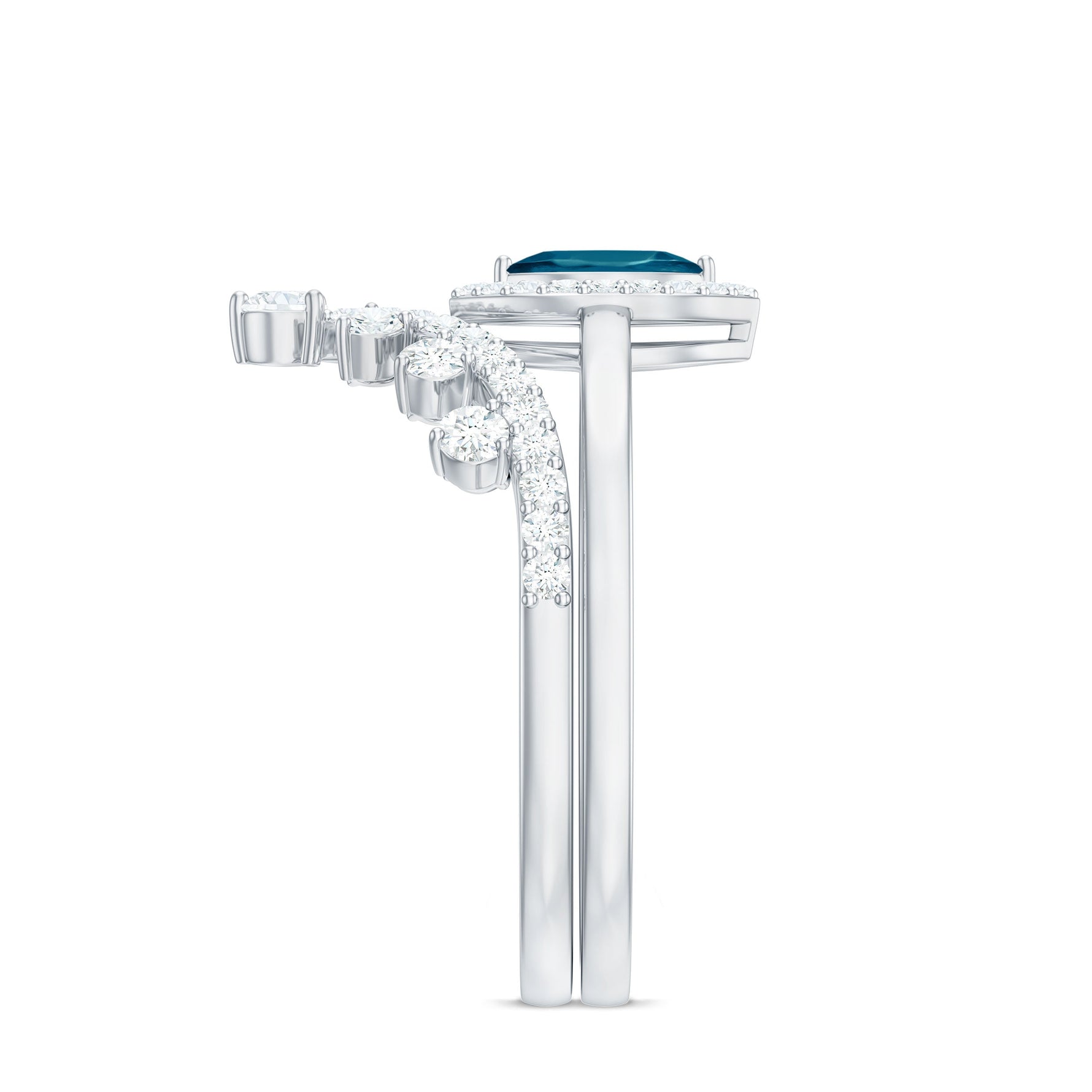 Marquise Cut London Blue Topaz Halo Wedding Ring Set with Diamond Band