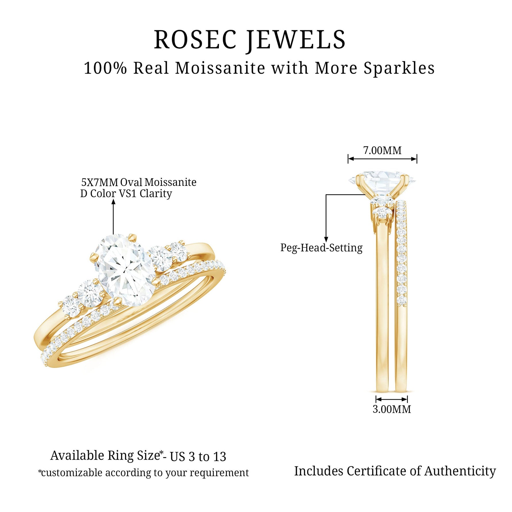 Oval Shaped 5X7 MM Moissanite Solitaire Wedding Ring Set