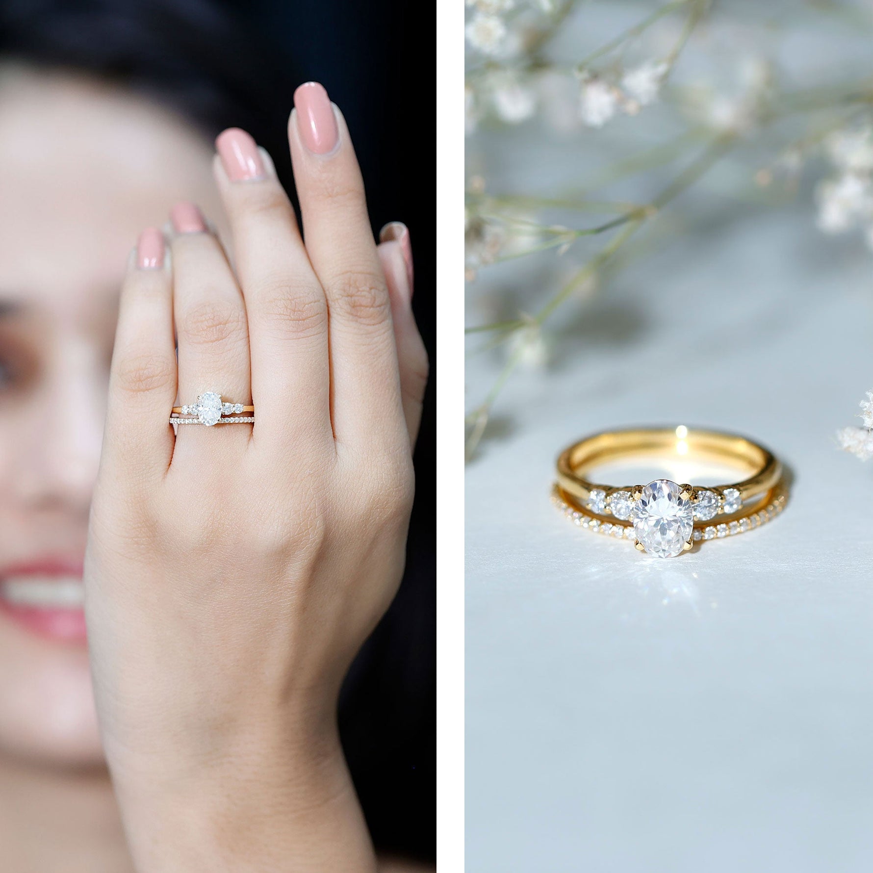 Oval Shaped 5X7 MM Moissanite Solitaire Wedding Ring Set