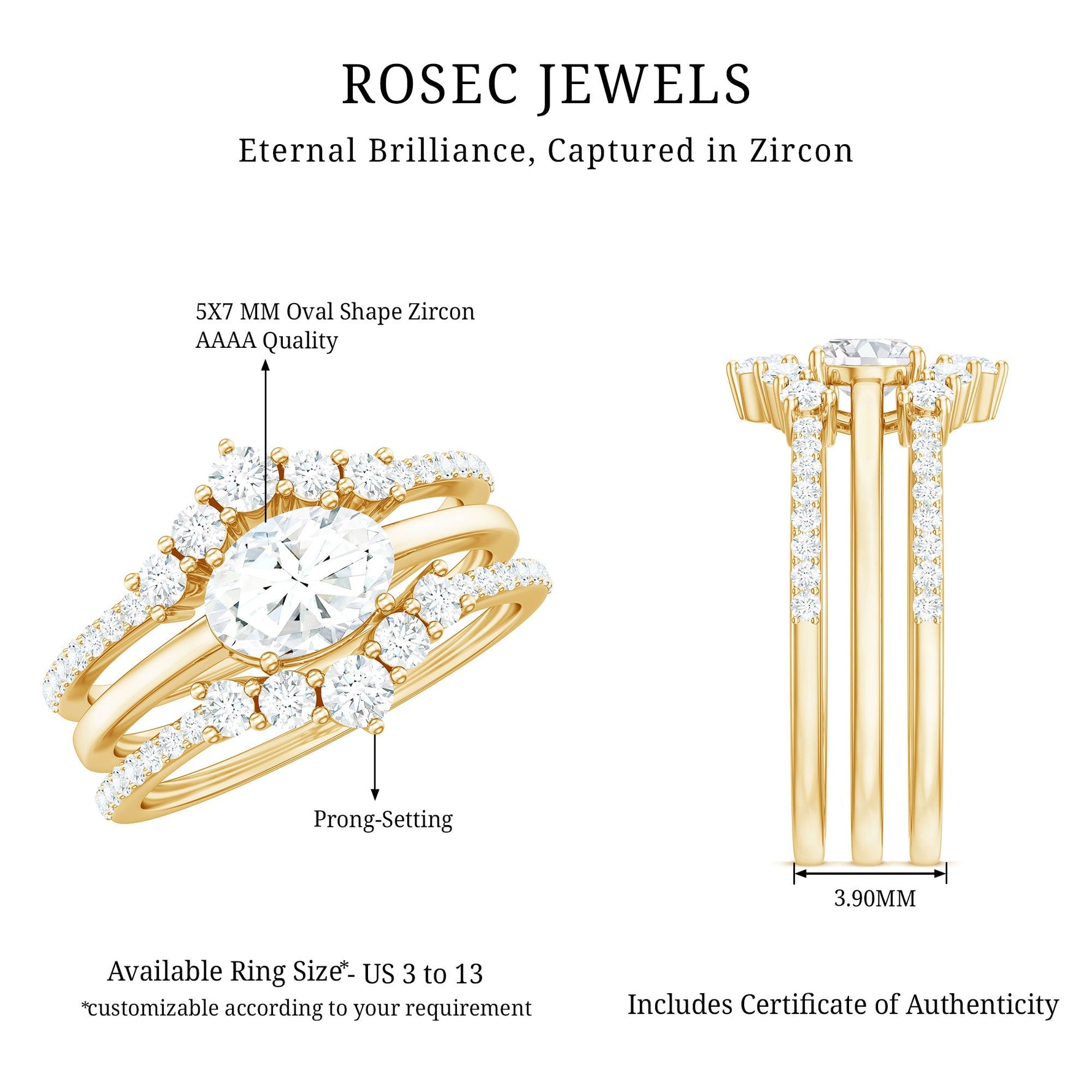 2.25 CT Oval Zircon Trio Wedding Ring Set in Gold