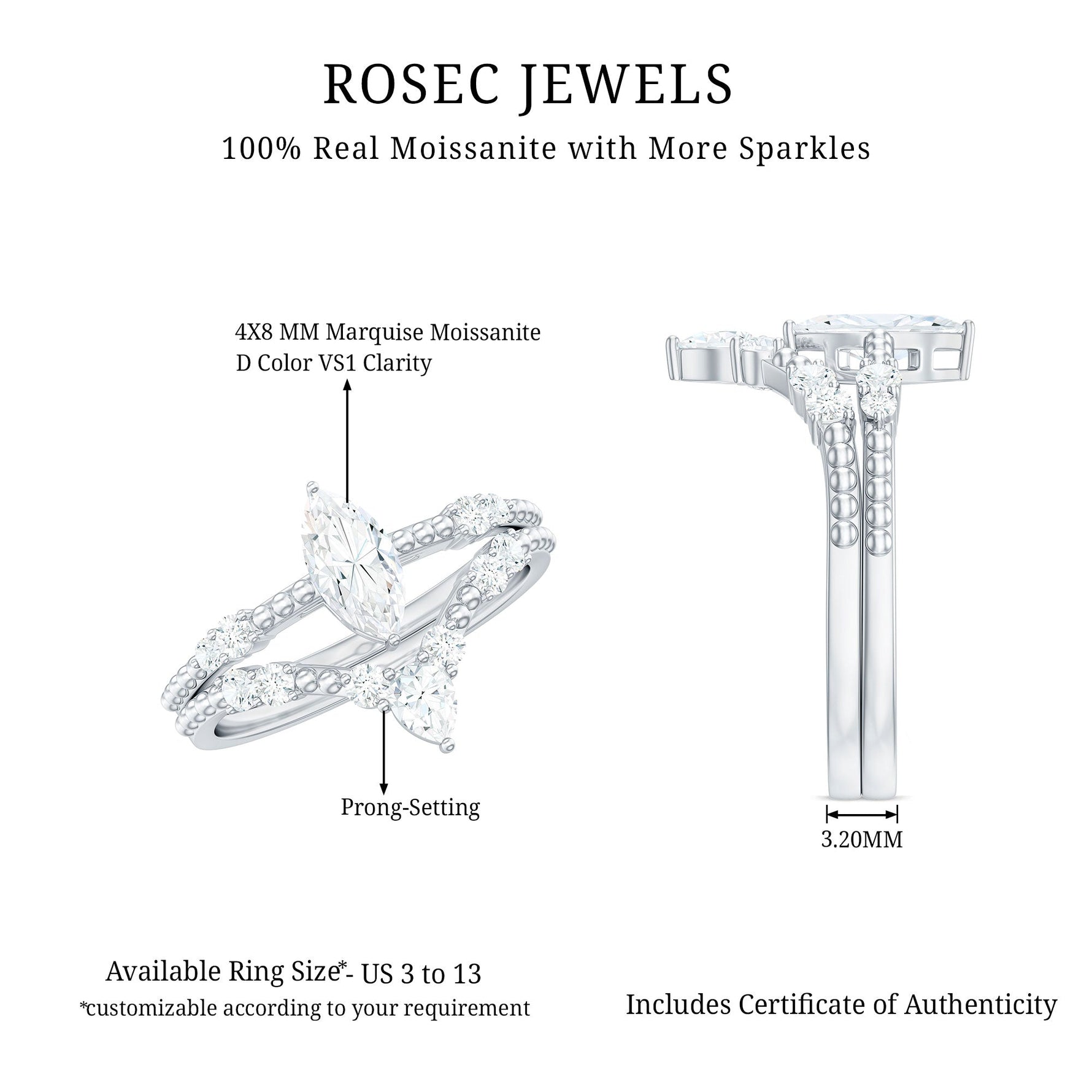 Marquise Cut Moissanite Wedding Ring Set with Beaded Detail