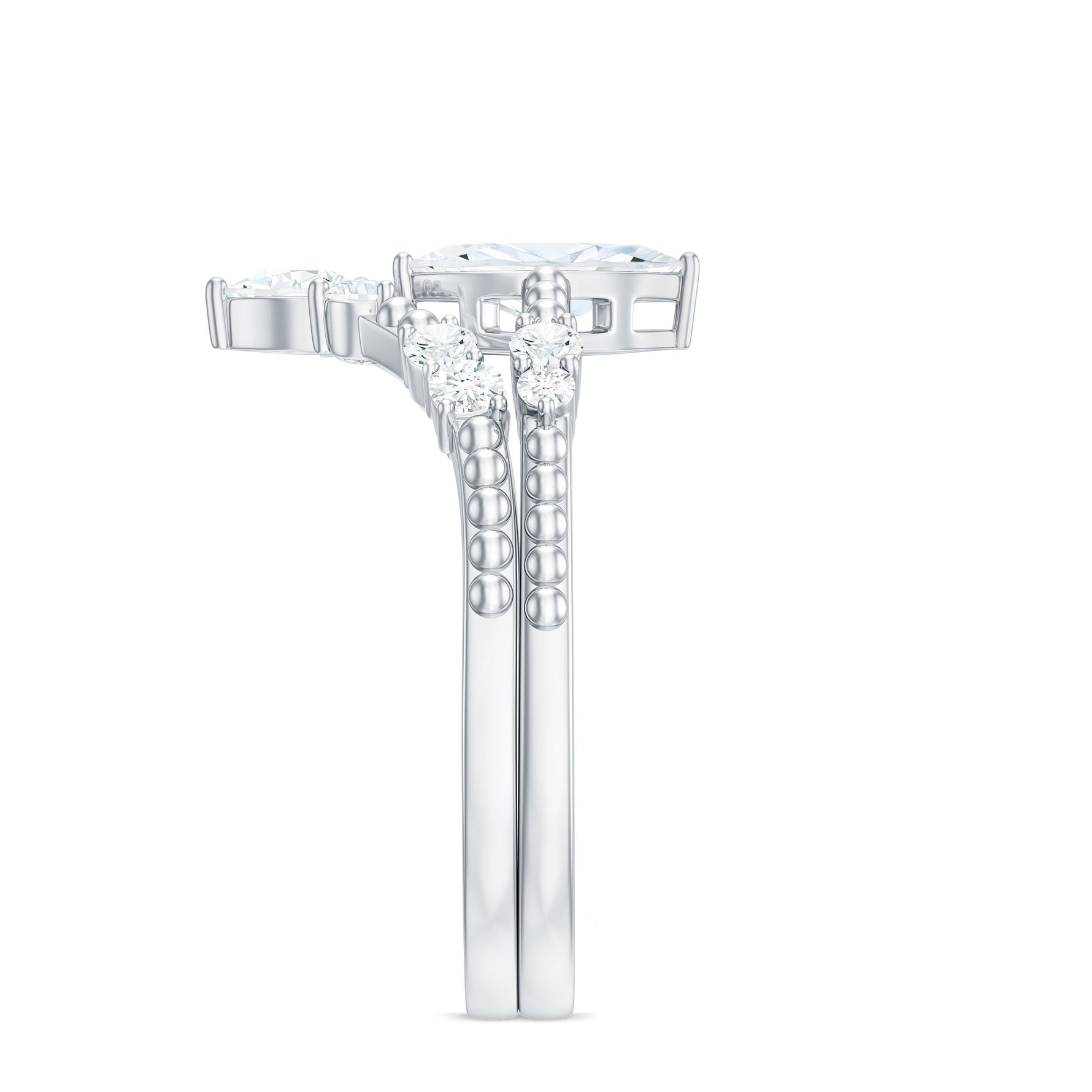 Marquise Cut Moissanite Wedding Ring Set with Beaded Detail
