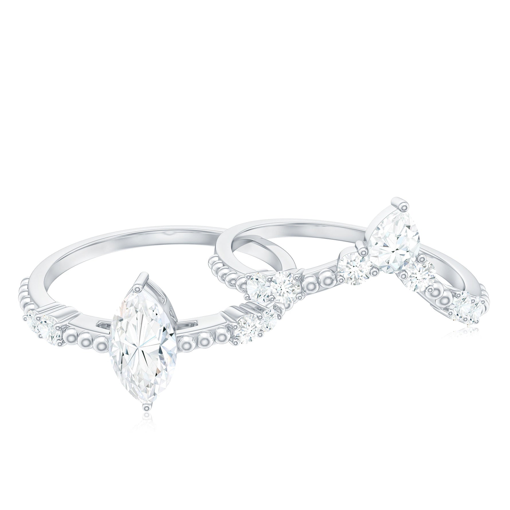Marquise Cut Moissanite Wedding Ring Set with Beaded Detail