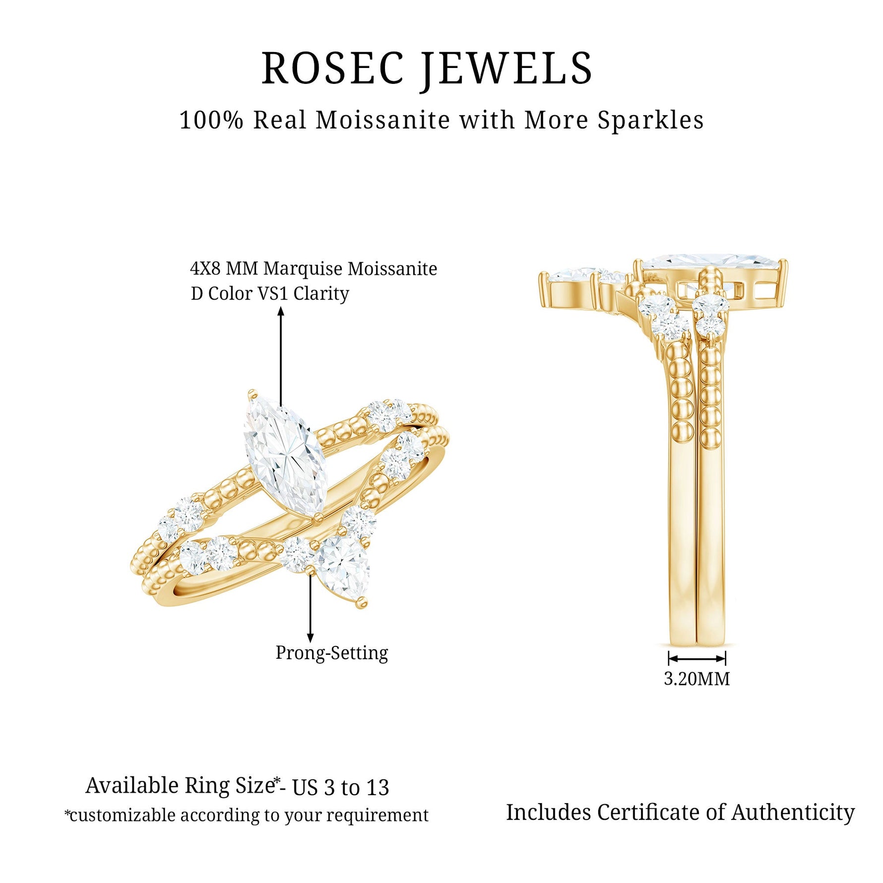 Marquise Cut Moissanite Wedding Ring Set with Beaded Detail