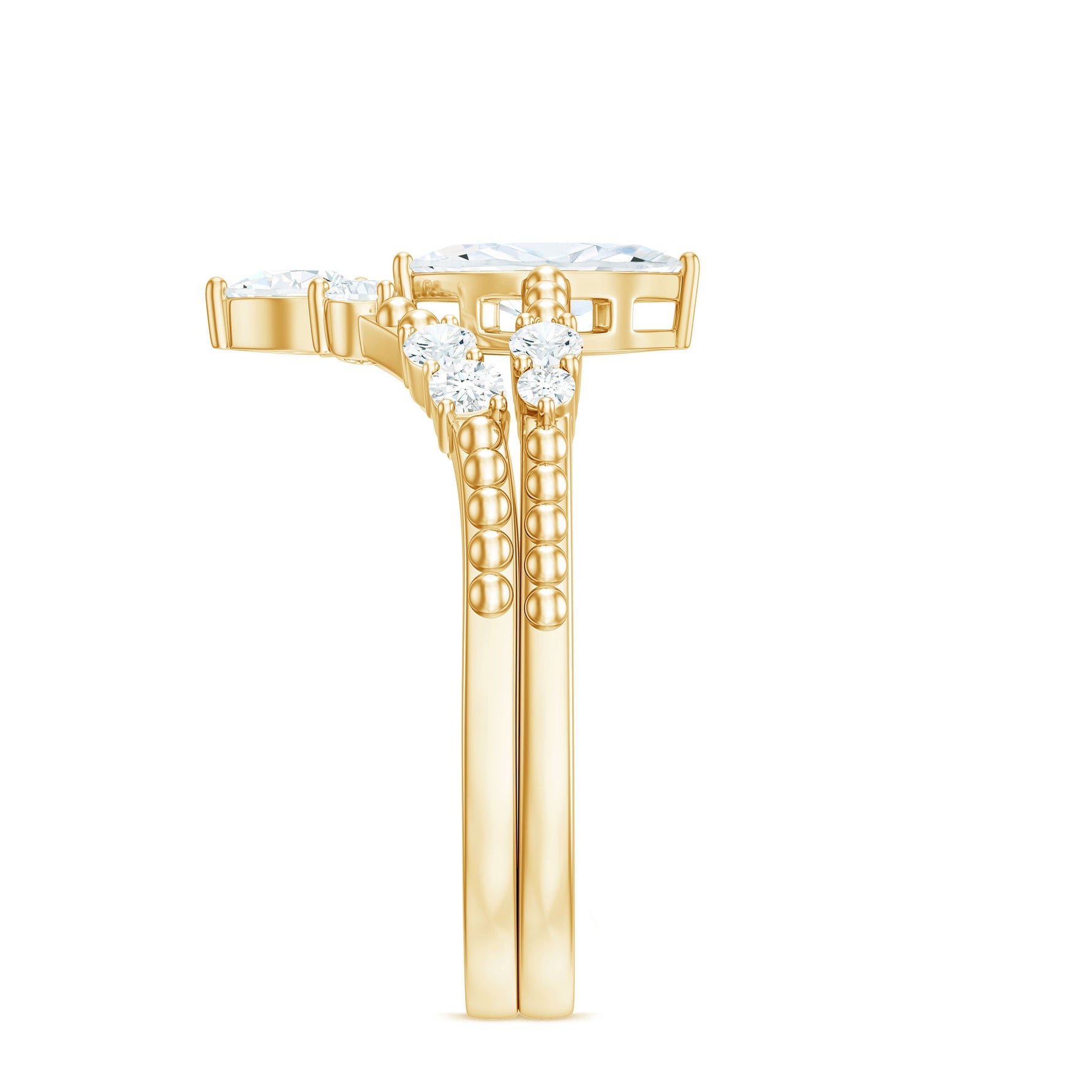 Marquise Cut Moissanite Wedding Ring Set with Beaded Detail