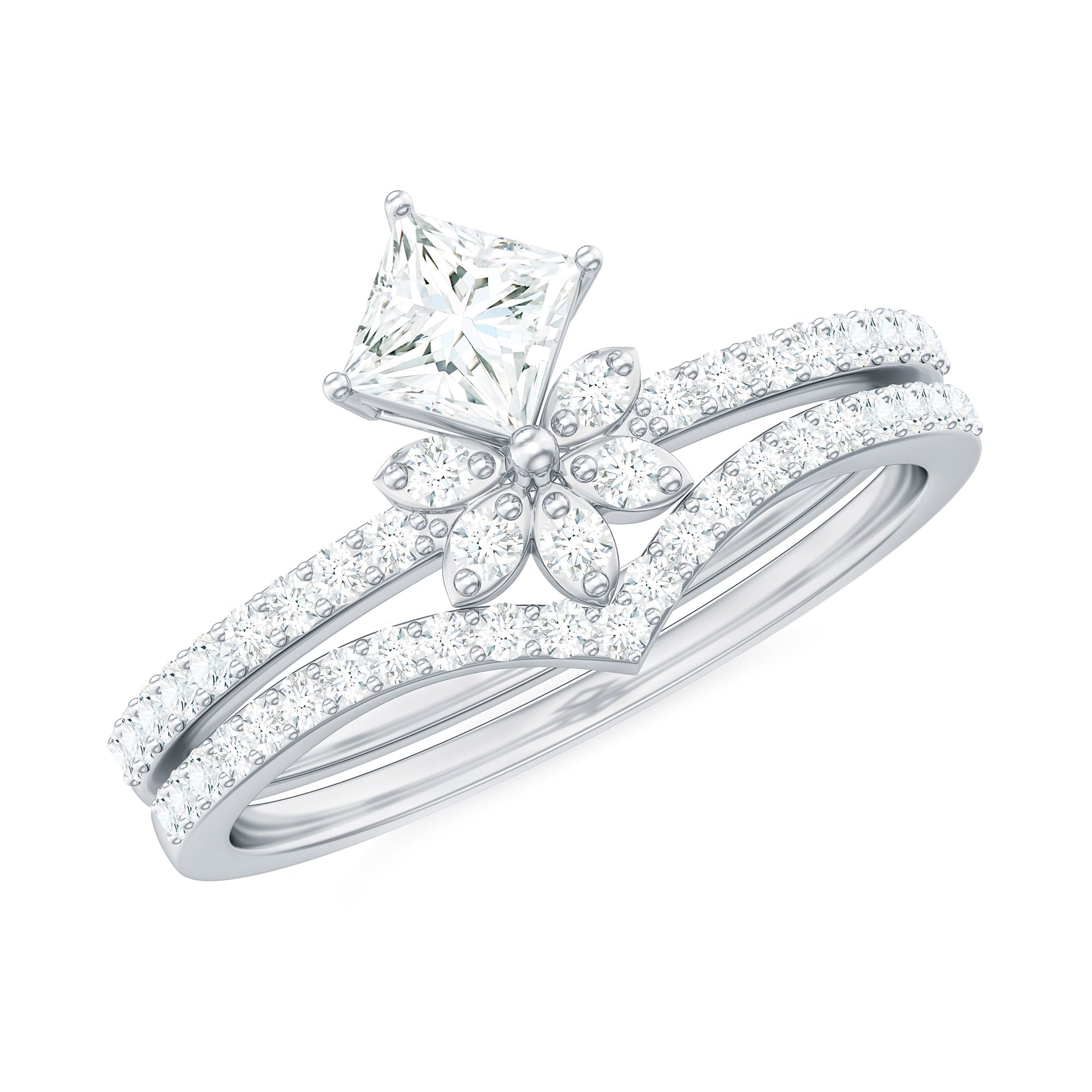 Princess Cut Certified Moissanite Flower Wedding Ring Set