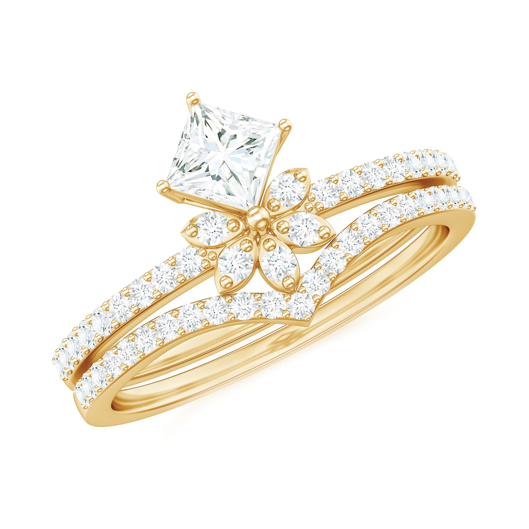 Princess Cut Certified Moissanite Flower Wedding Ring Set