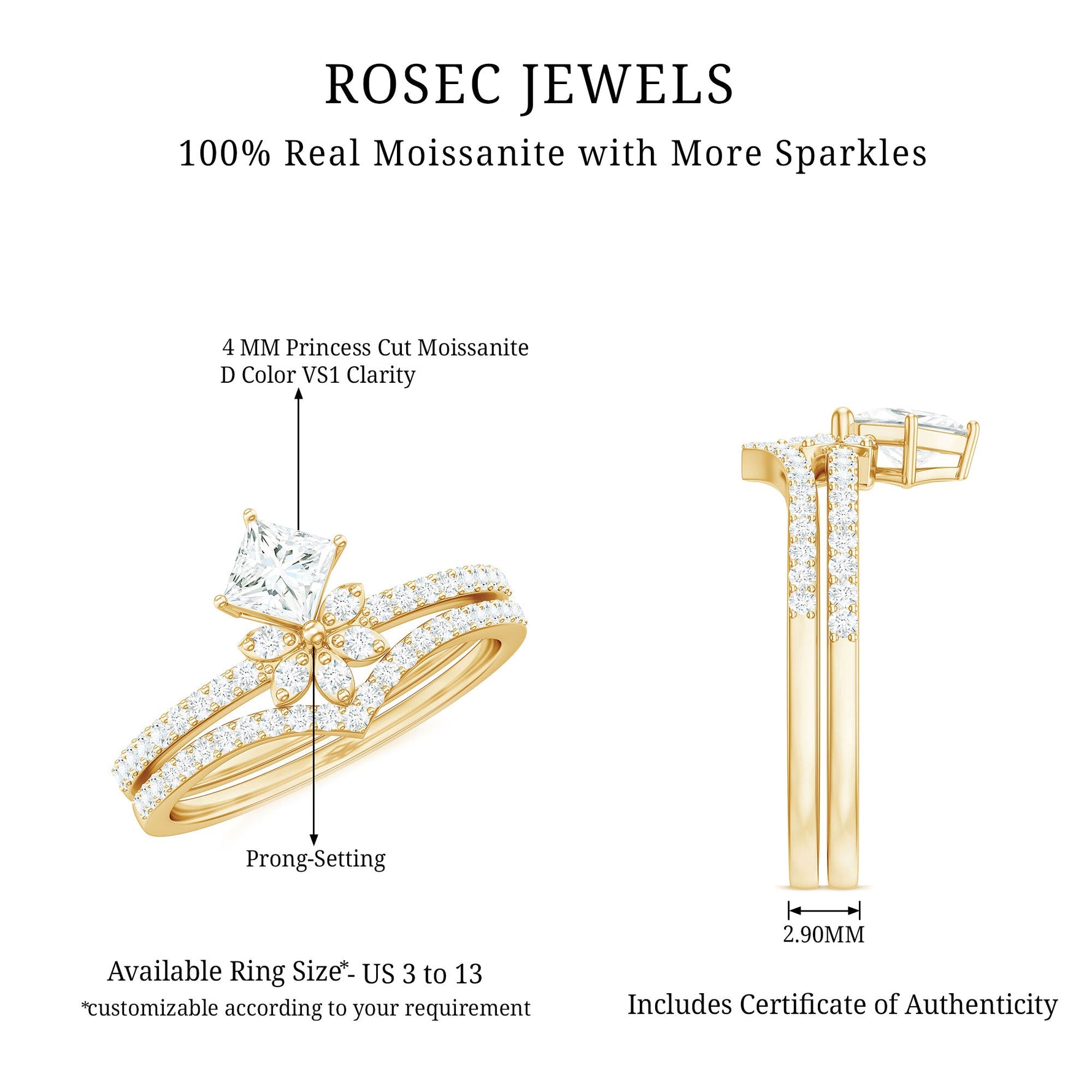 Princess Cut Certified Moissanite Flower Wedding Ring Set