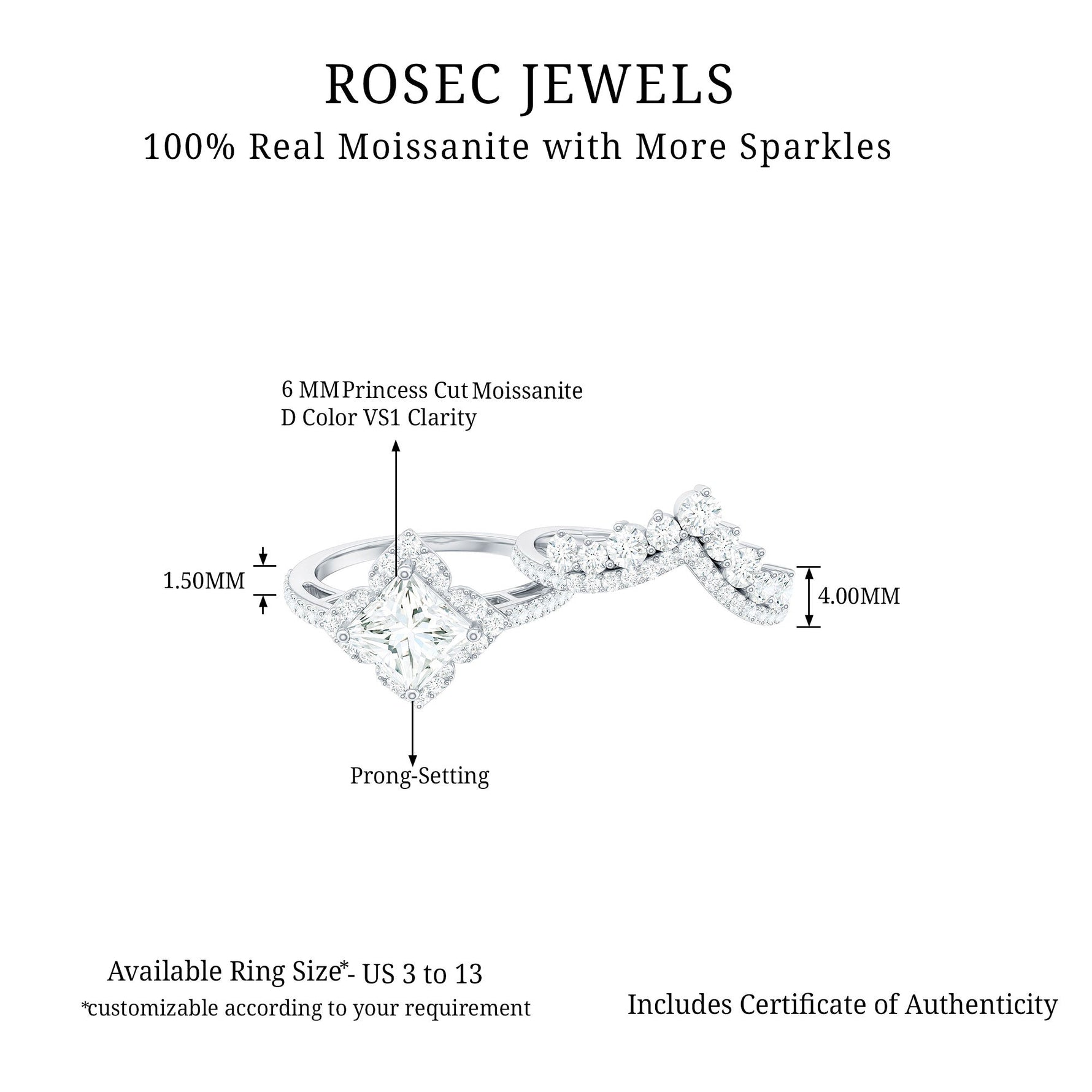 Certified Moissanite Statement Wedding Ring Set