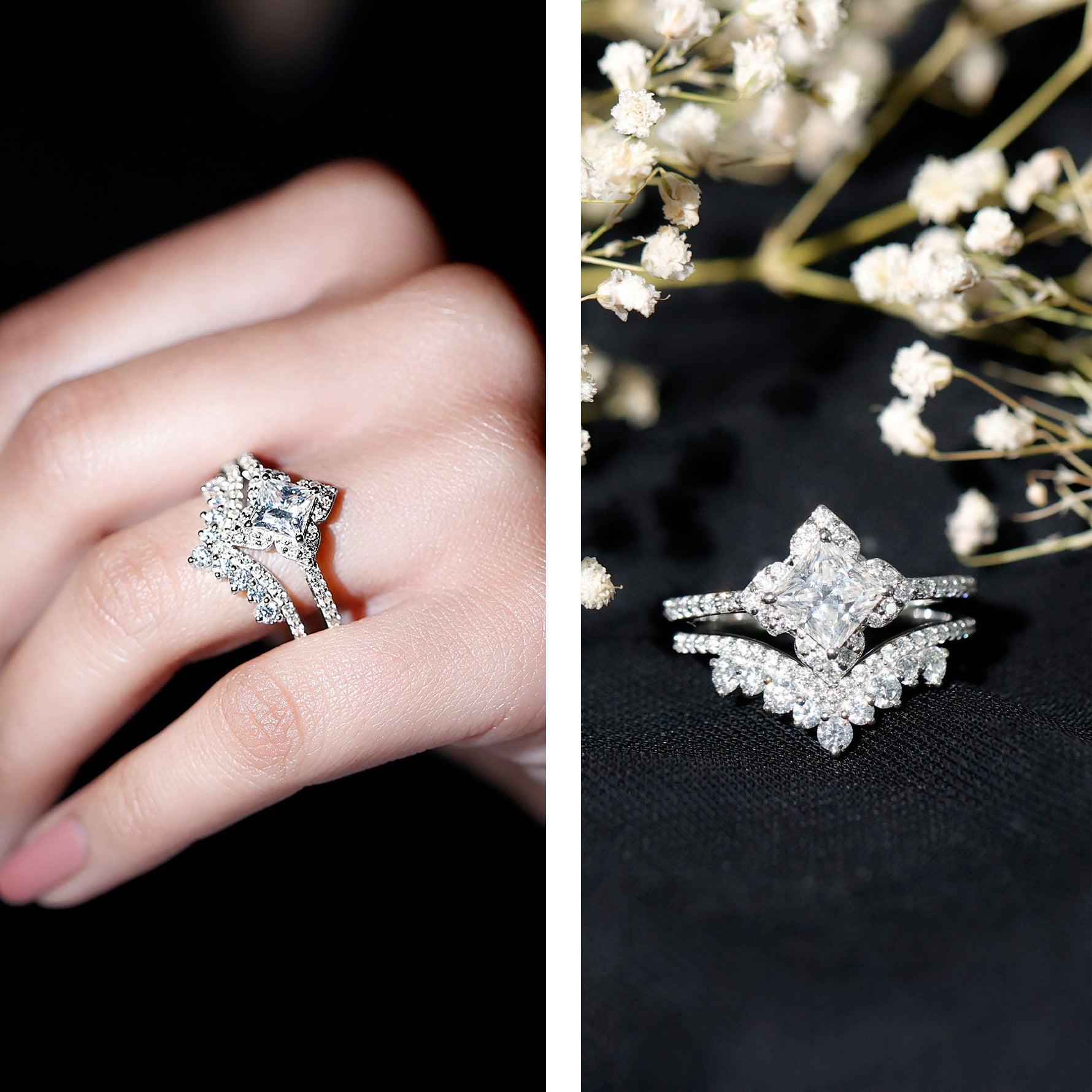 Certified Princess Cut Zircon Flower Engagement Ring with Wedding Band