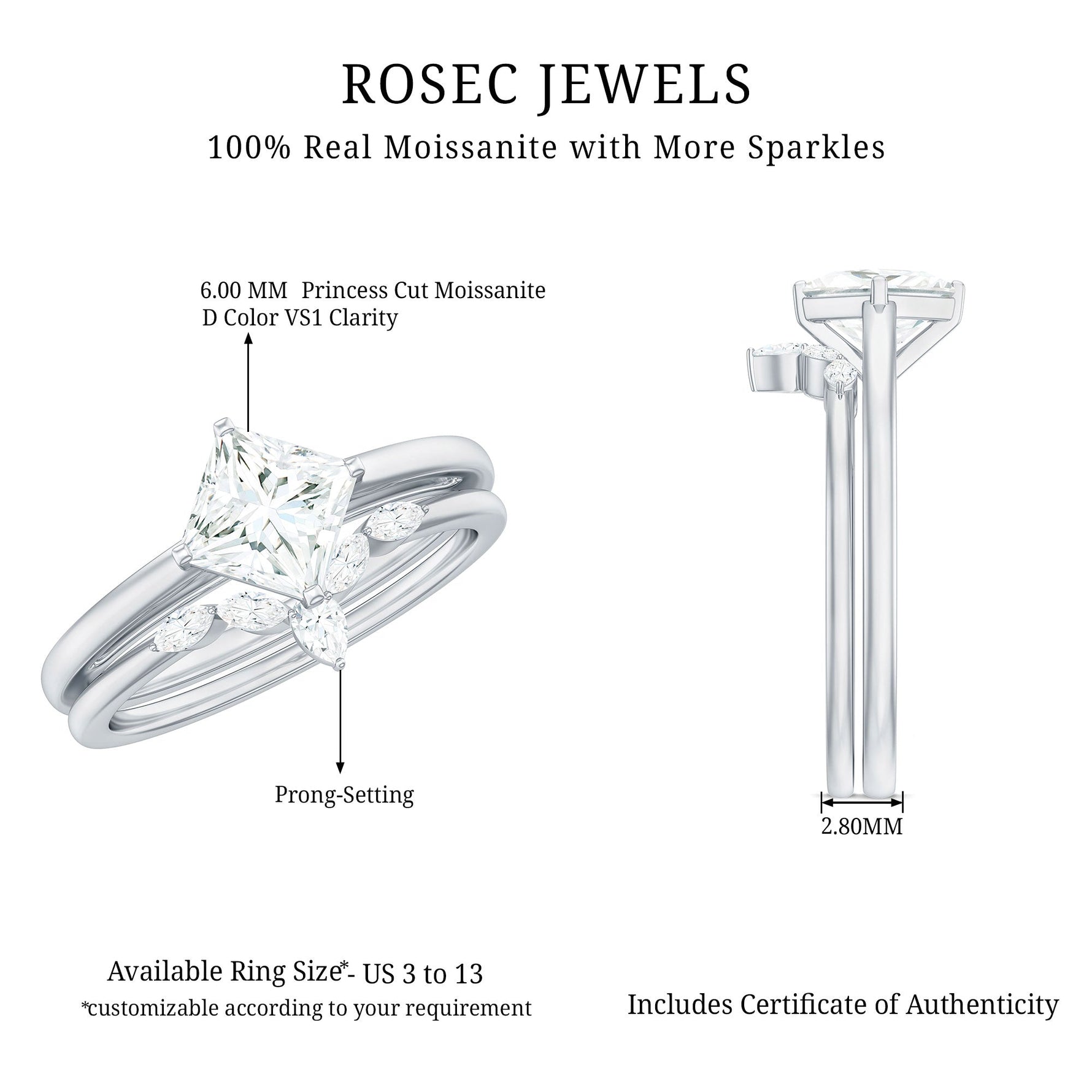 Princess Cut Moissanite Solitaire Wedding Ring Set for Her