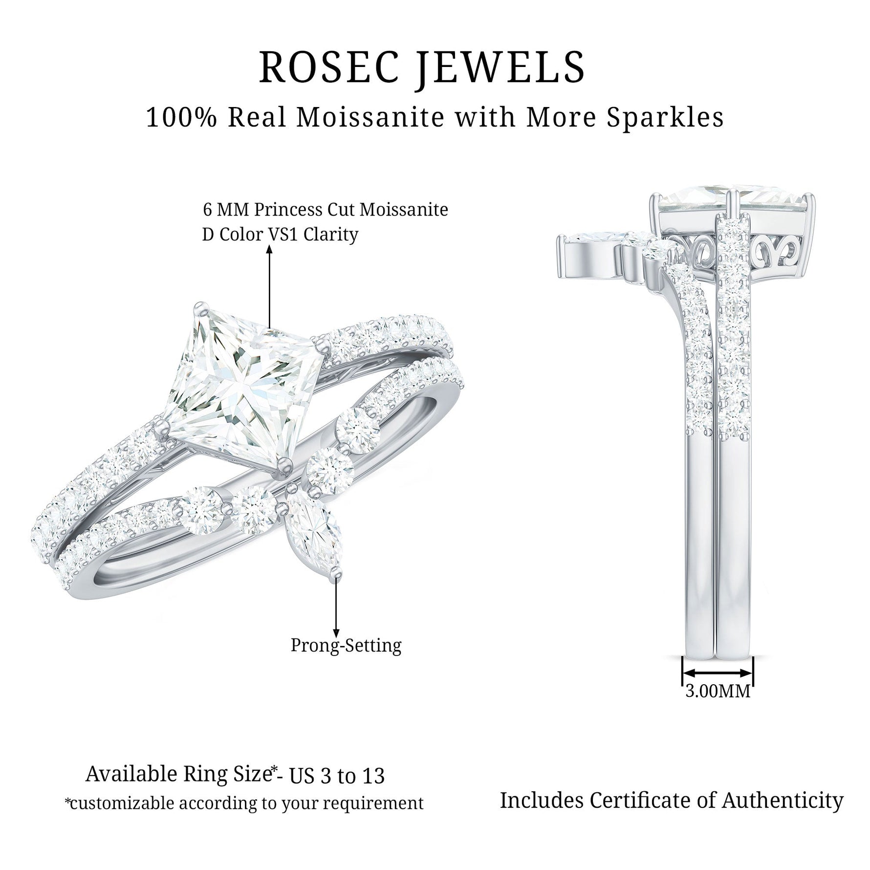 Princess Cut Moissanite Wedding Ring Set for Women