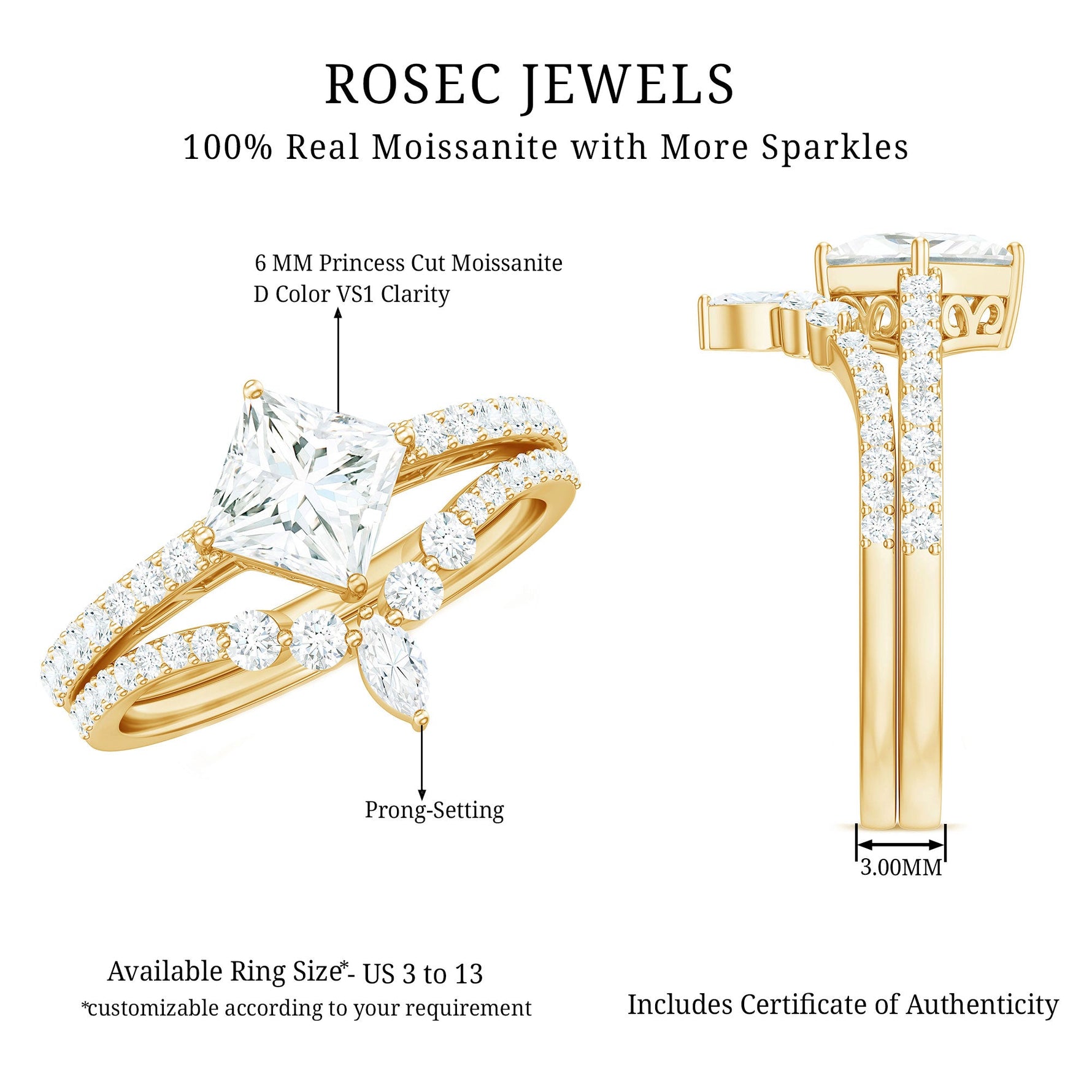 Princess Cut Moissanite Wedding Ring Set for Women