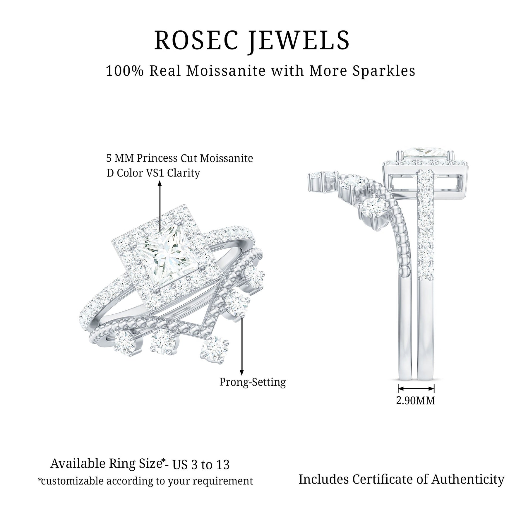 Princess Cut Moissanite Halo Wedding Ring Set with Certificate