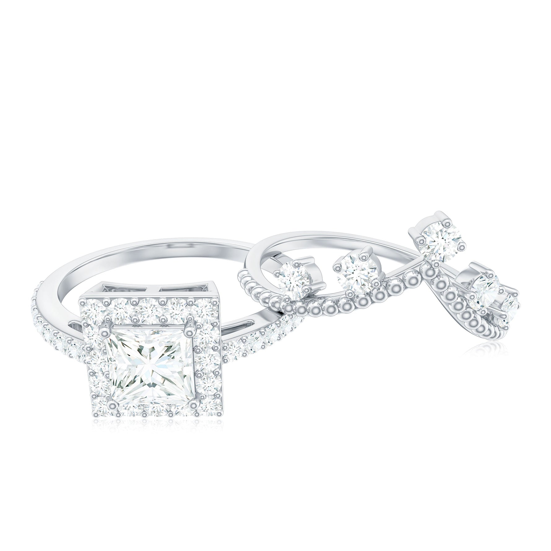 Princess Cut Moissanite Halo Wedding Ring Set with Certificate