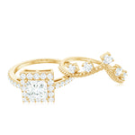 Princess Cut Moissanite Halo Wedding Ring Set with Certificate