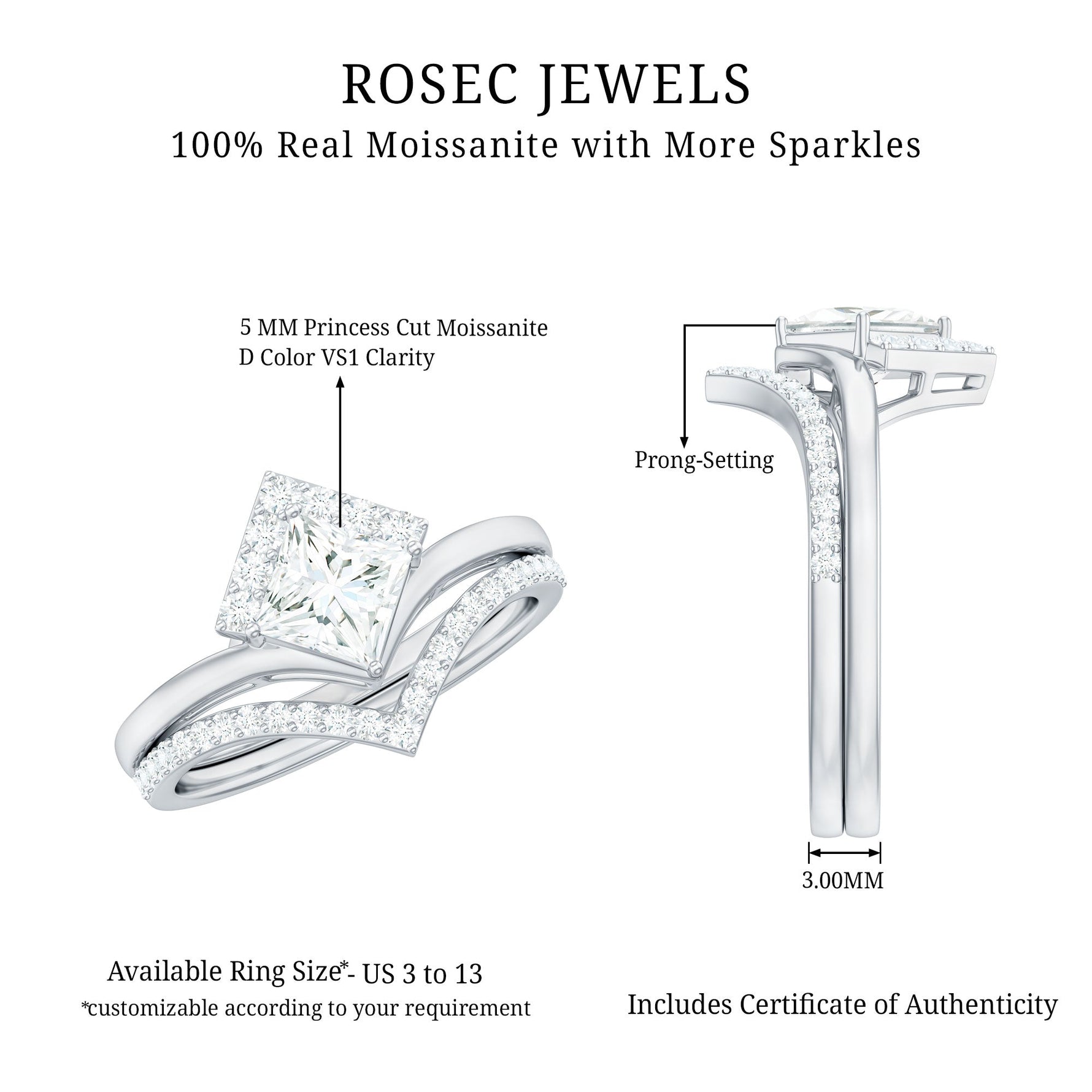 Certified Princess Cut Moissanite Wedding Ring Set