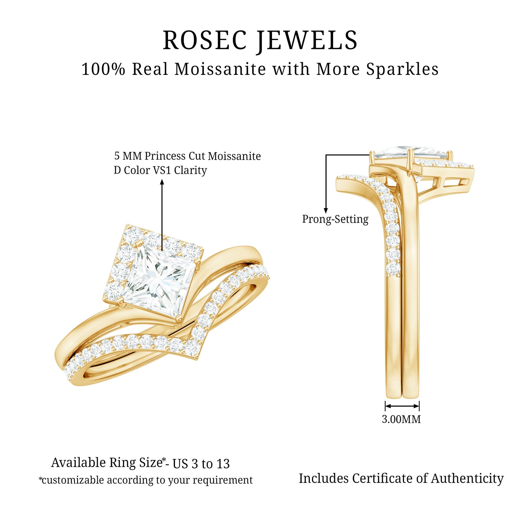 Certified Princess Cut Moissanite Wedding Ring Set