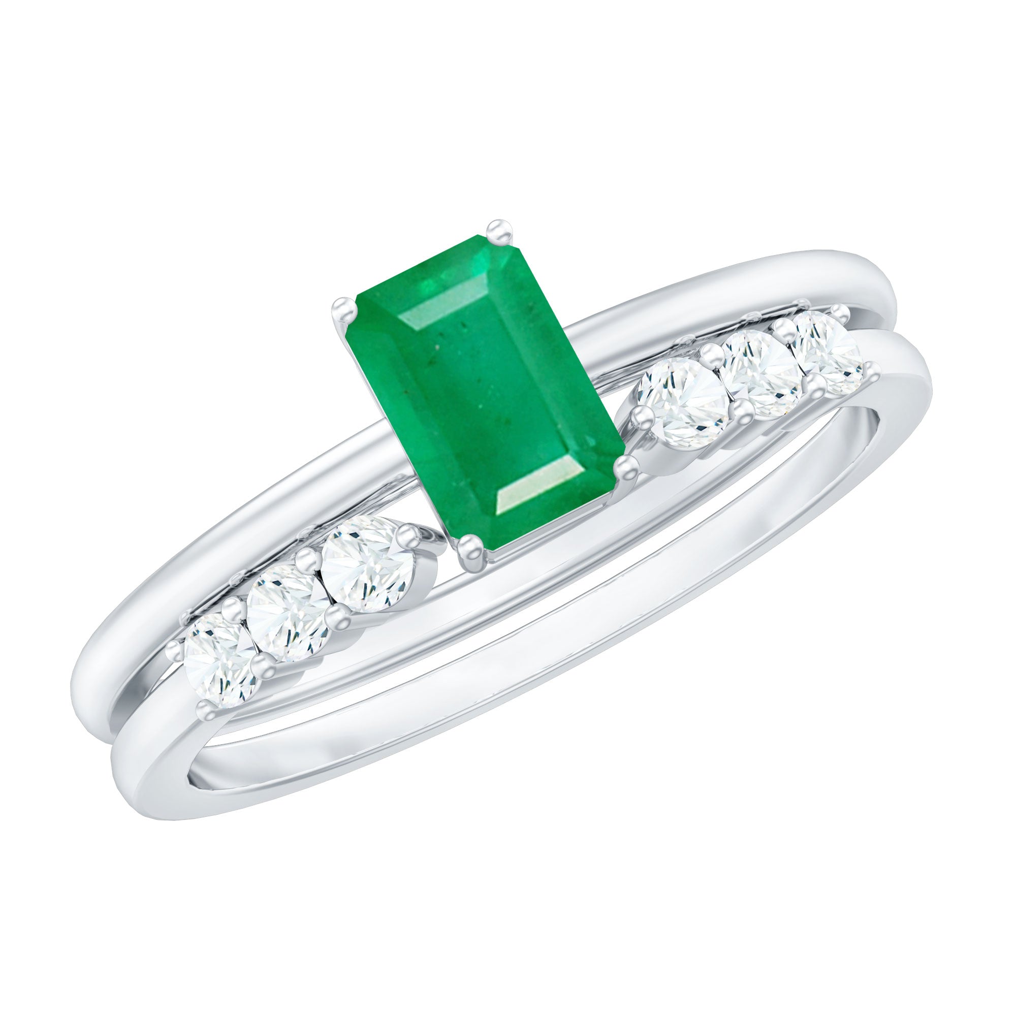 Natural Emerald Cut Emerald Diamond Engagement Wedding Ring Set of 2