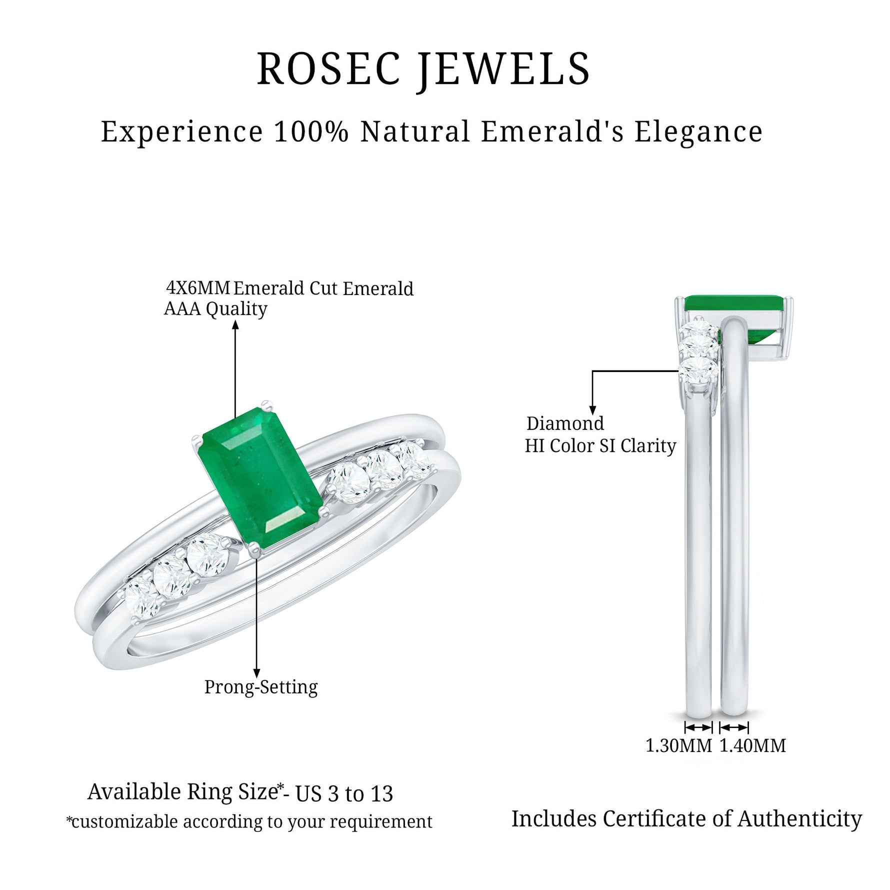 Natural Emerald Cut Emerald Diamond Engagement Wedding Ring Set of 2