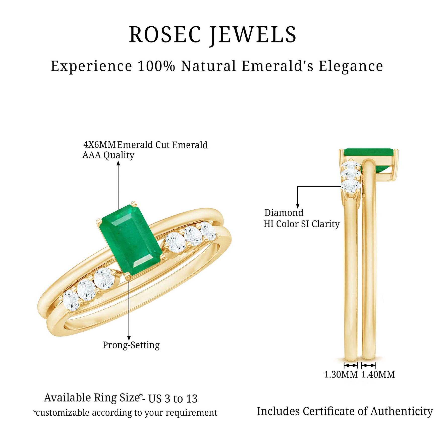 Natural Emerald Cut Emerald Diamond Engagement Wedding Ring Set of 2