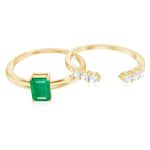Natural Emerald Cut Emerald Diamond Engagement Wedding Ring Set of 2