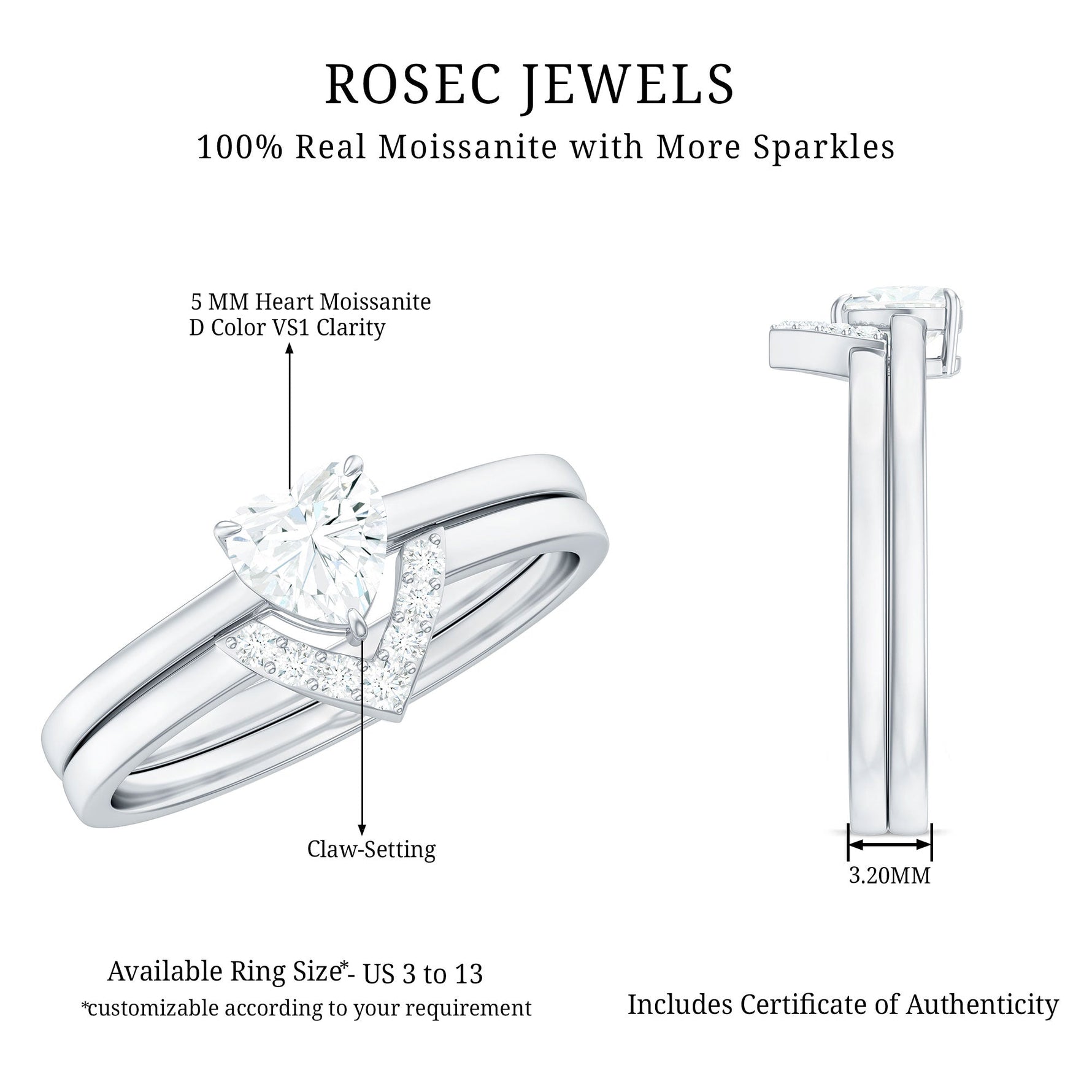 Heart Shaped Moissanite Solitaire Wedding Ring Set for Women