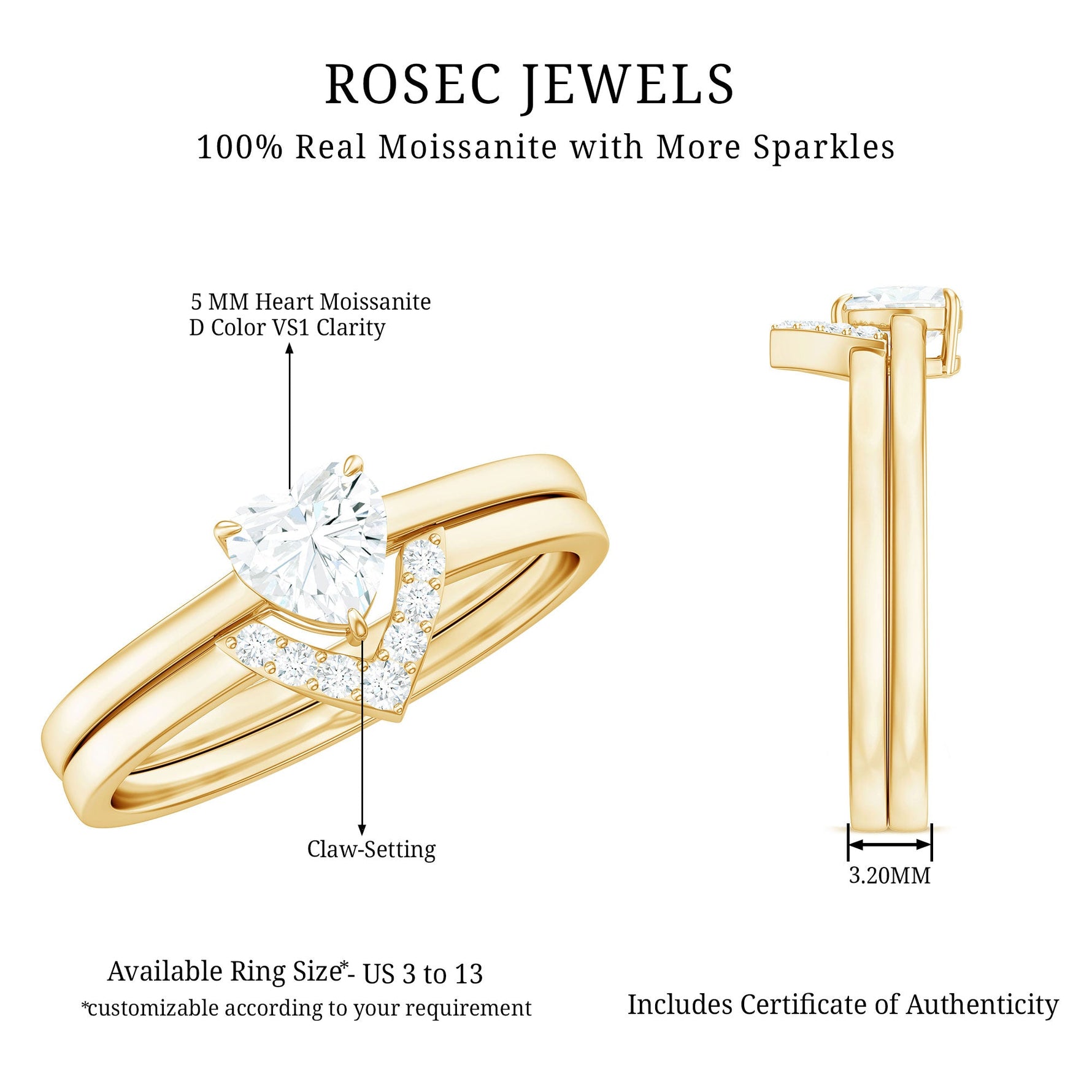 Heart Shaped Moissanite Solitaire Wedding Ring Set for Women