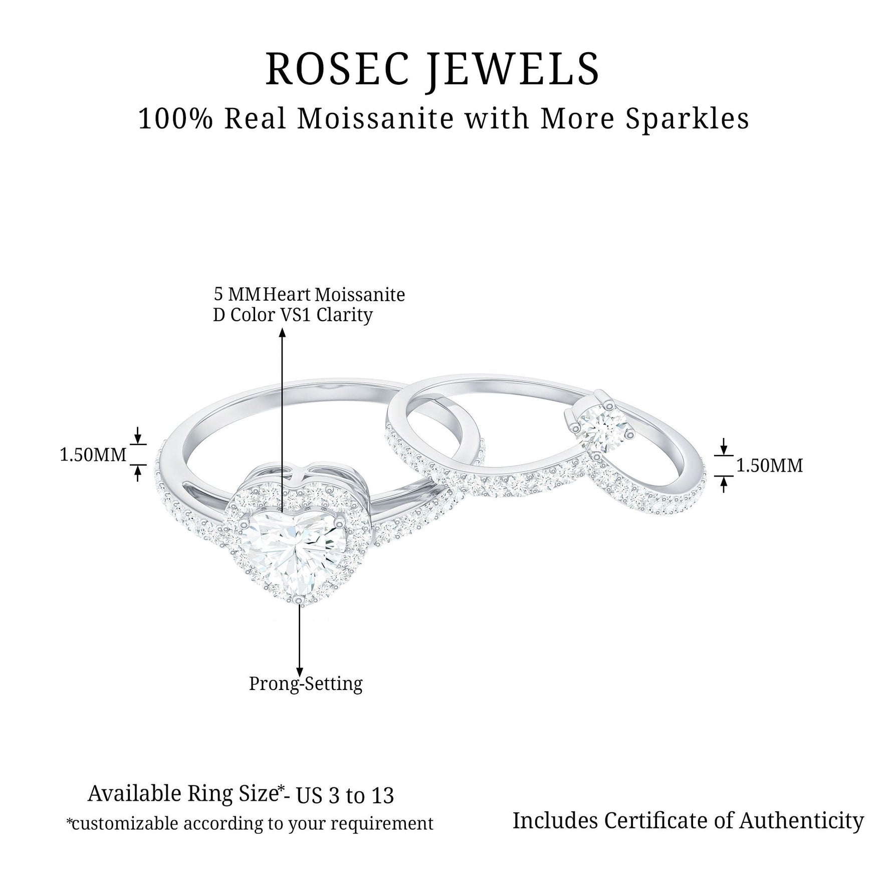 1.50 CT Certified Moissanite Heart Wedding Ring Set in Gold