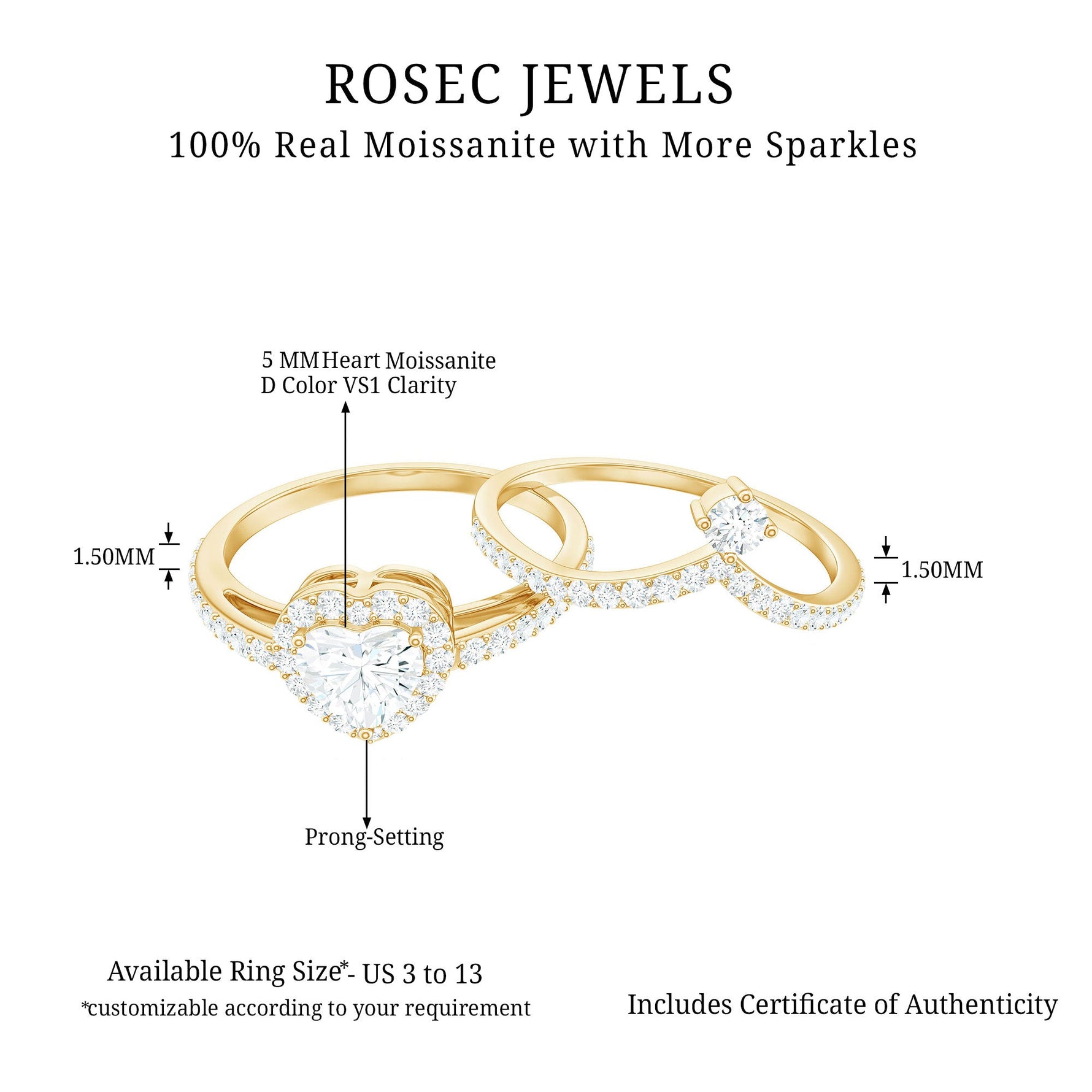 1.50 CT Certified Moissanite Heart Wedding Ring Set in Gold