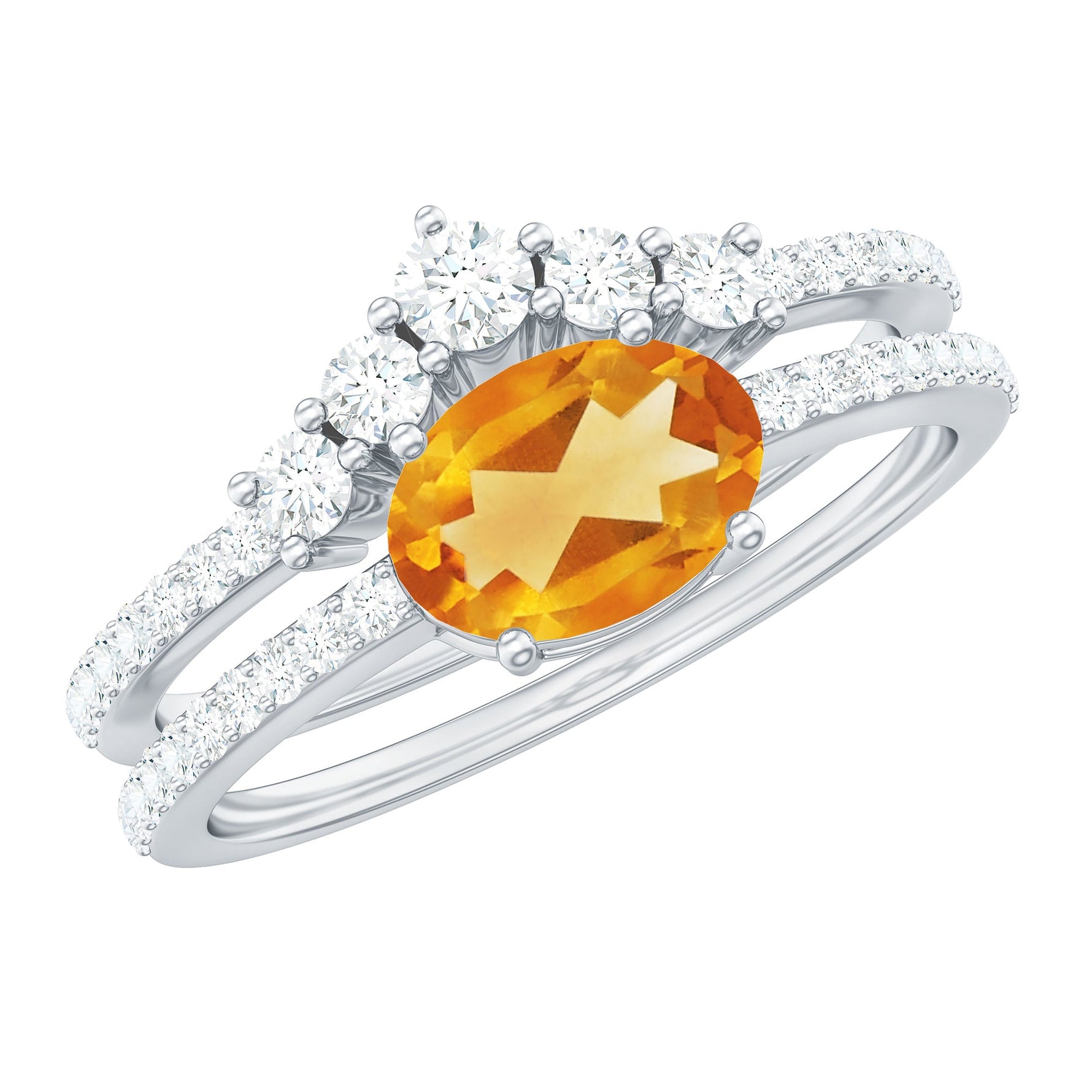 Oval Citrine East West Wedding Ring Set with Moissanite