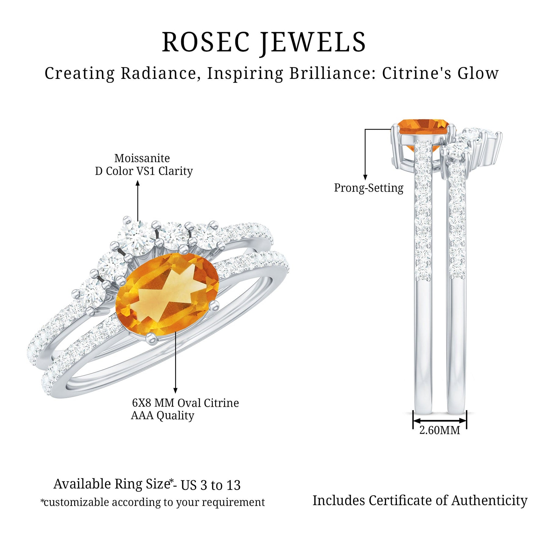 Oval Citrine East West Wedding Ring Set with Moissanite