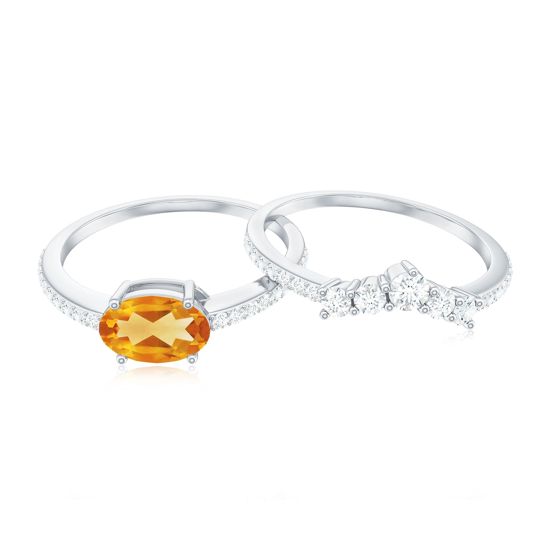 Oval Citrine East West Wedding Ring Set with Moissanite