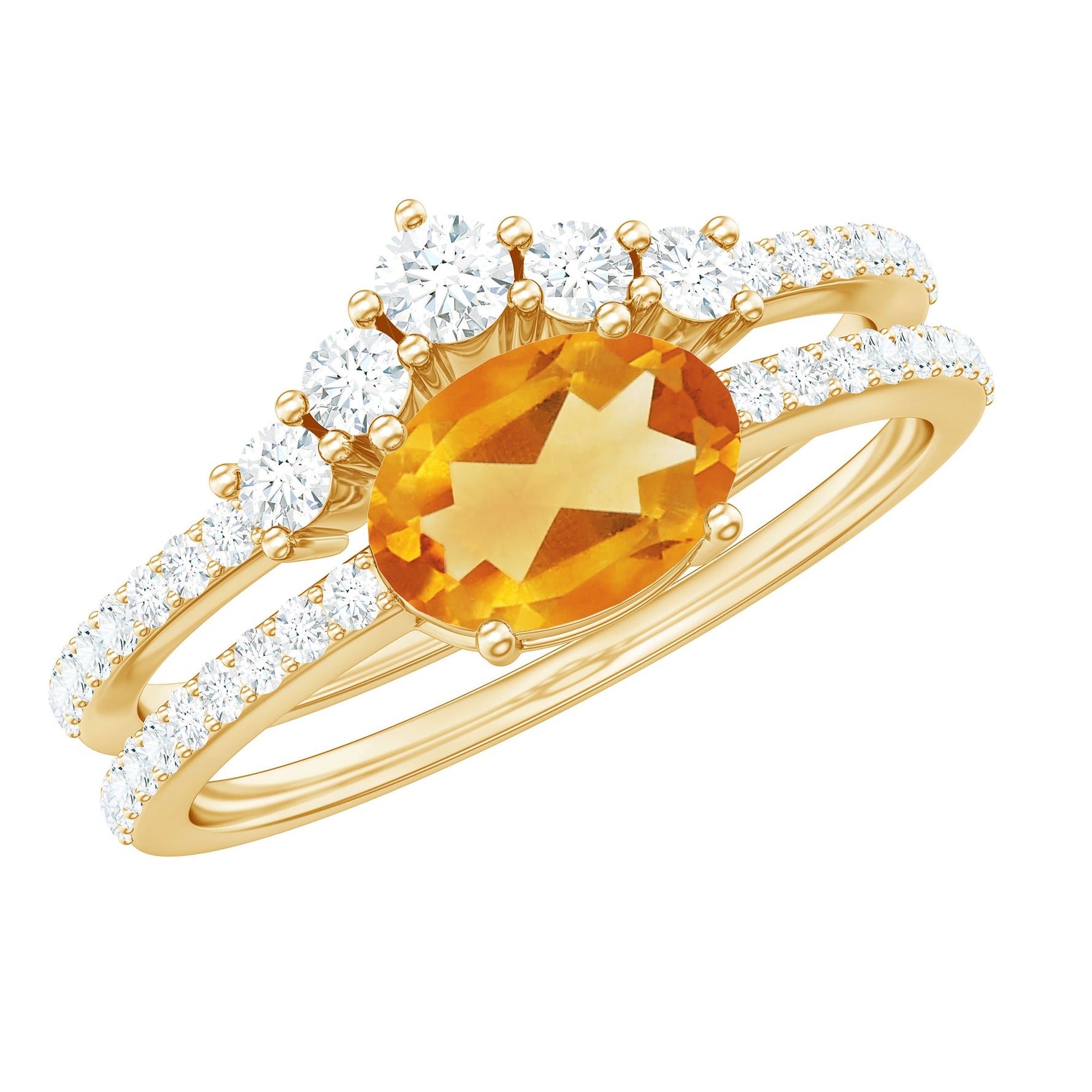 Oval Citrine East West Wedding Ring Set with Moissanite