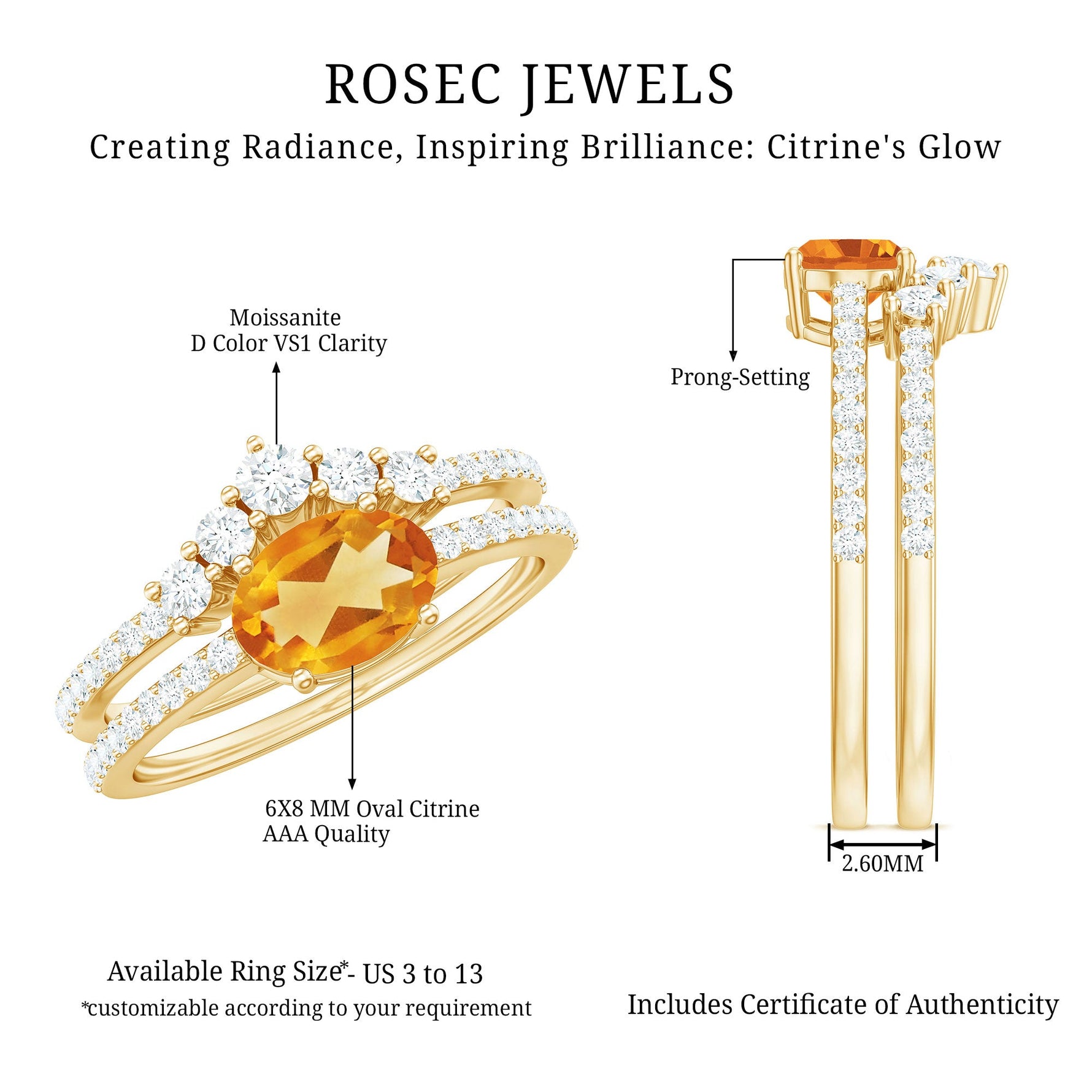 Oval Citrine East West Wedding Ring Set with Moissanite