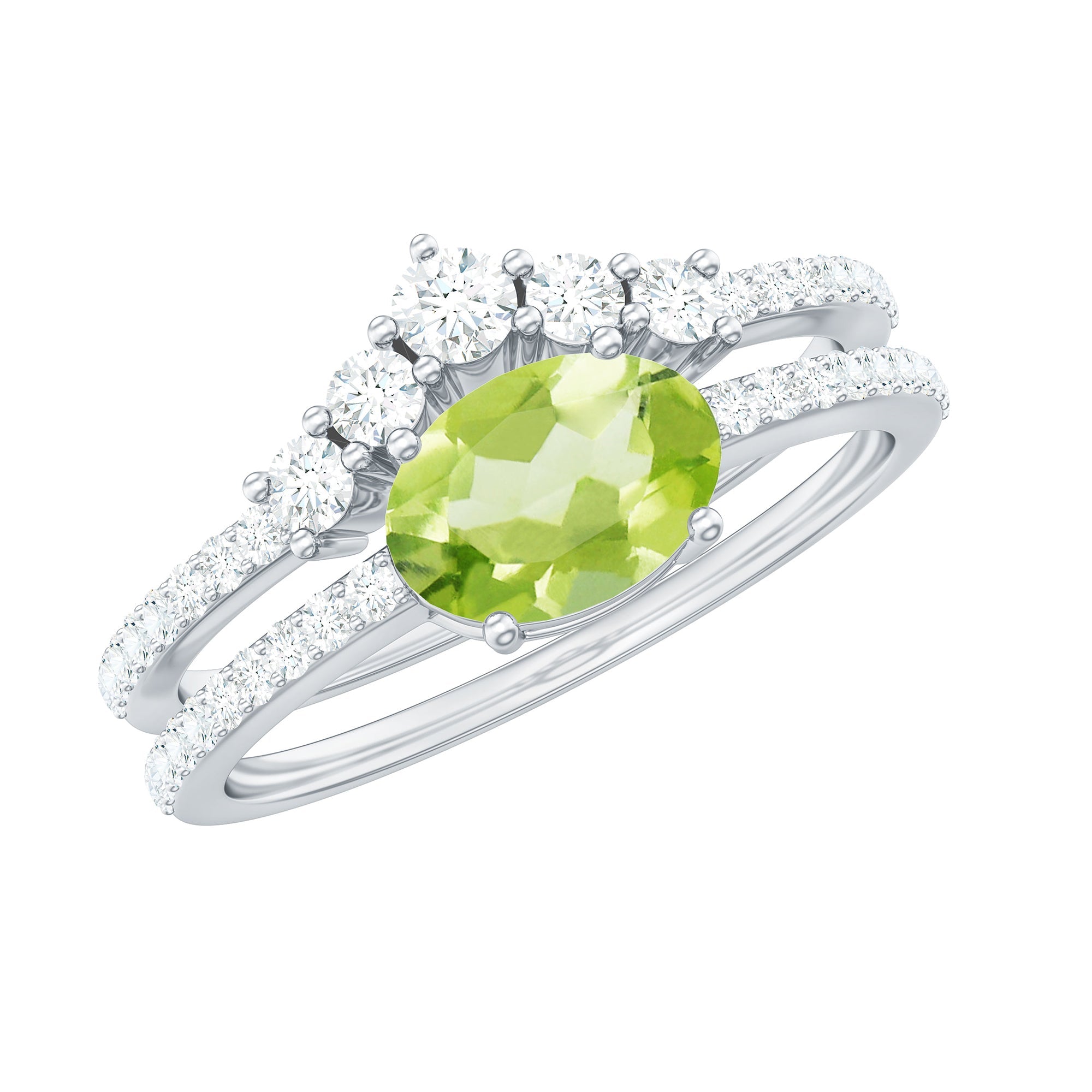 Oval Peridot East West Wedding Ring Set with Diamond