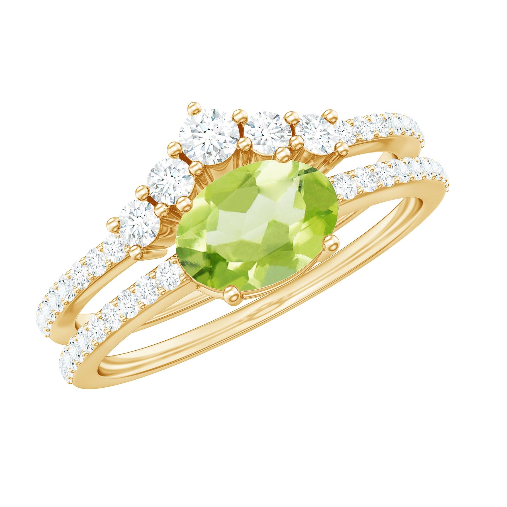 Oval Peridot East West Wedding Ring Set with Diamond