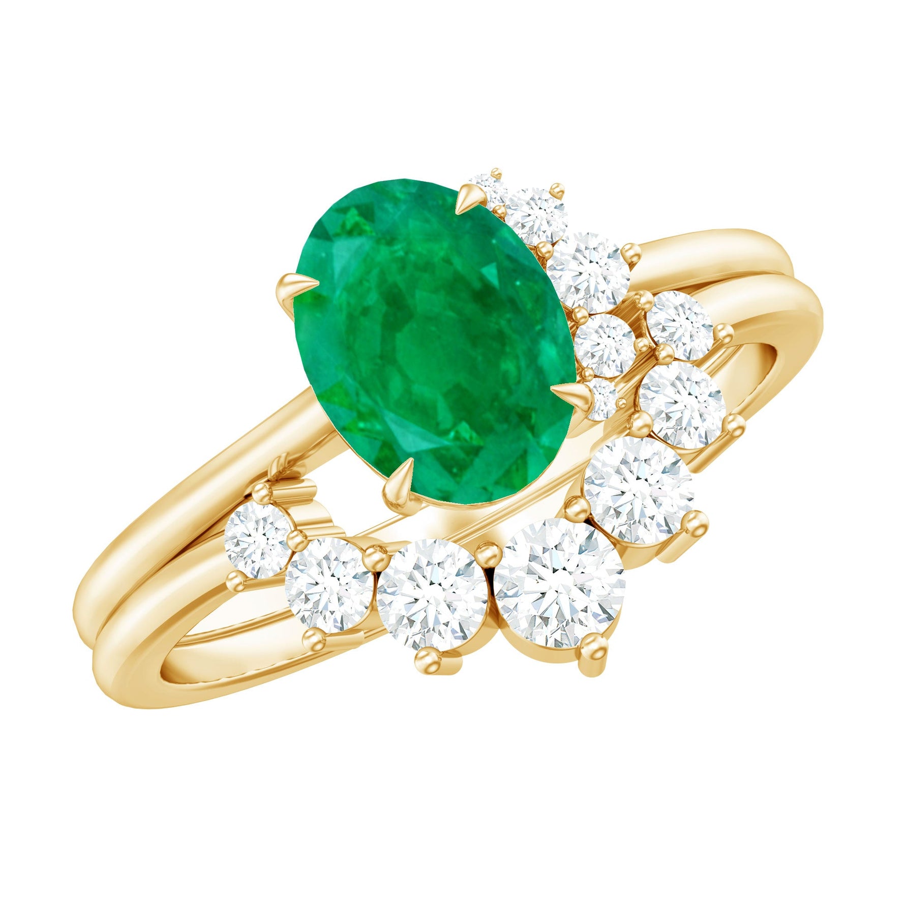 2 CT Oval Emerald and Diamond Wedding Ring Set