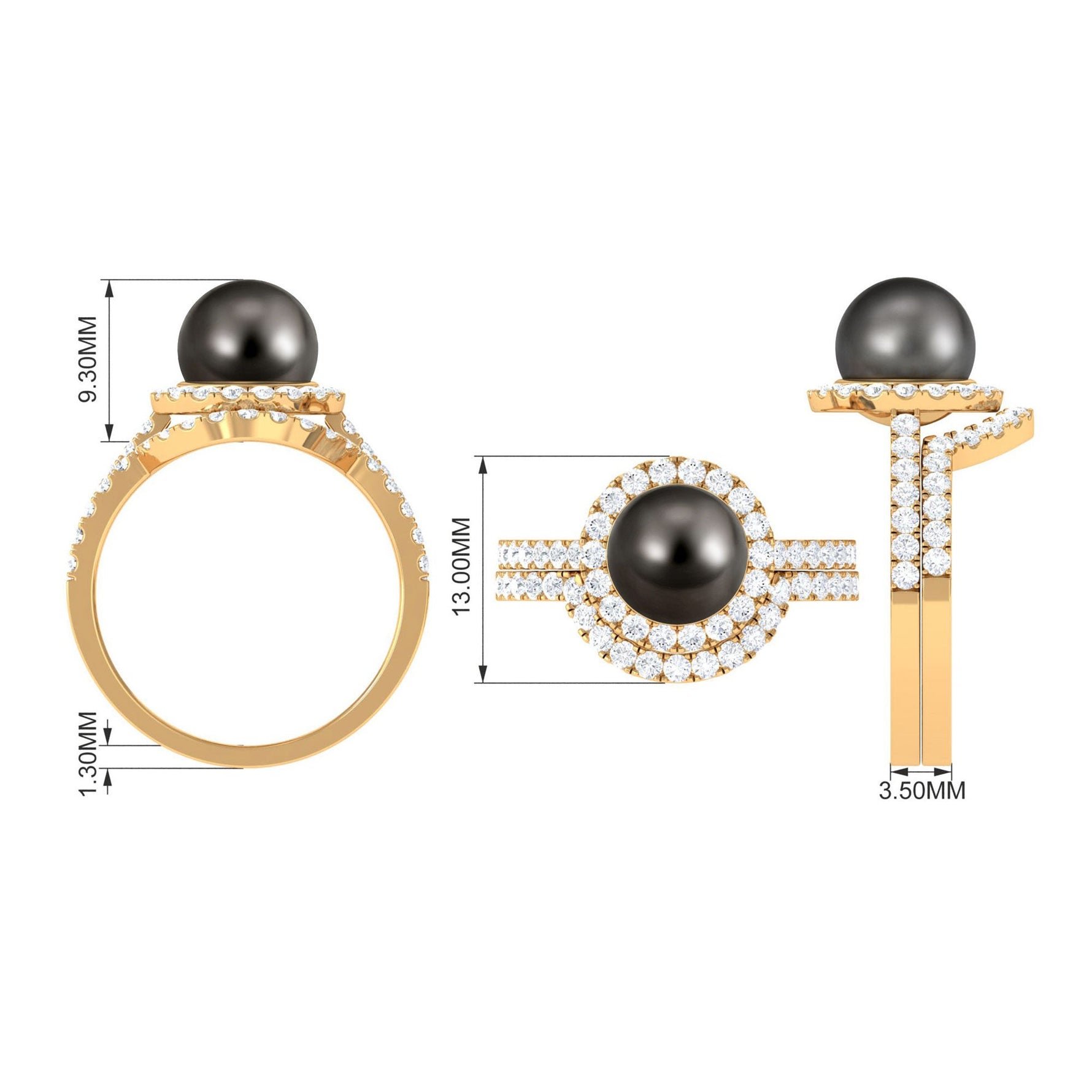 9 CT Tahitian Pearl and Diamond Halo Wedding Ring Set