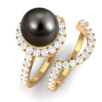 9 CT Tahitian Pearl and Diamond Halo Wedding Ring Set