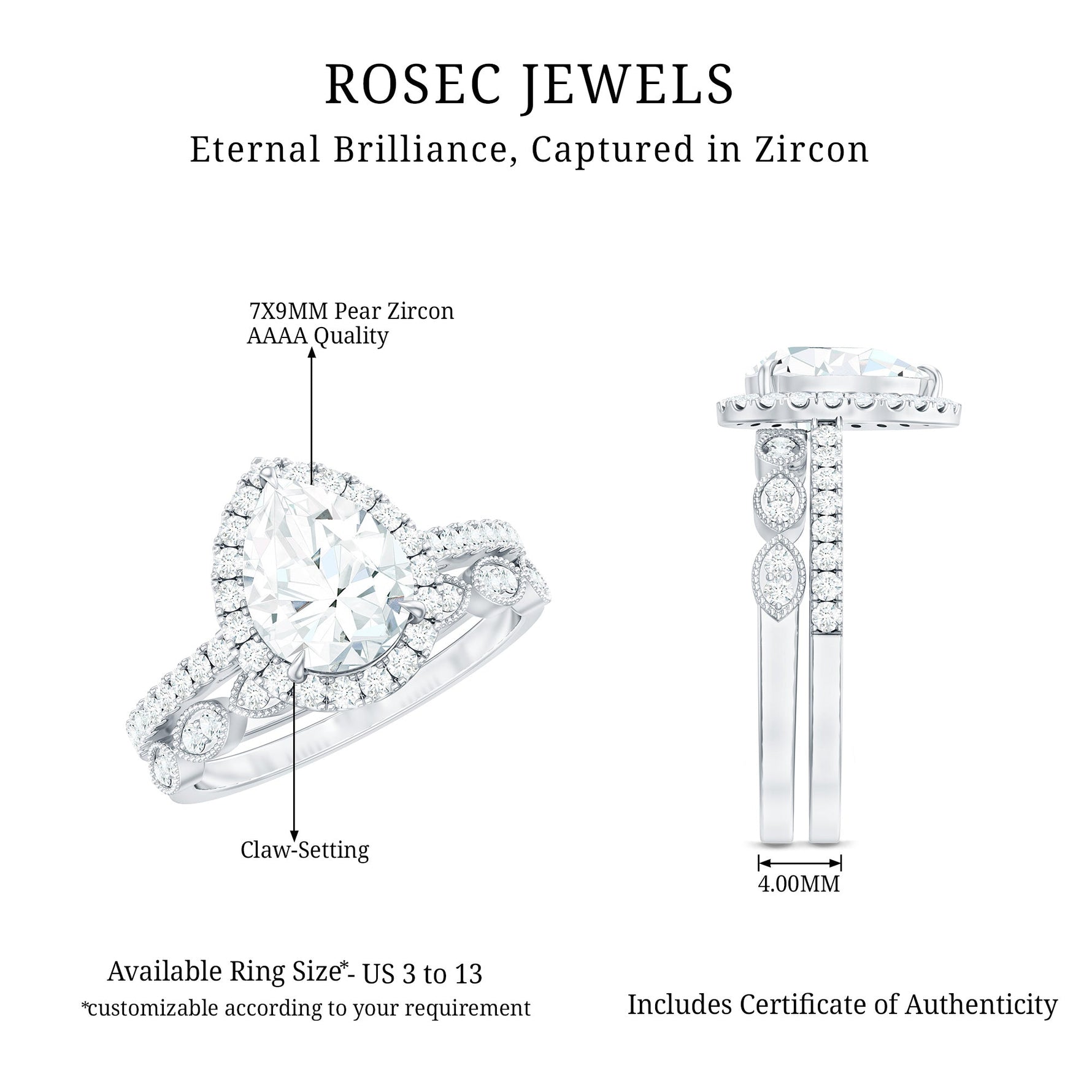 Designer Zircon Teardrop Wedding Ring with Enhancer Band